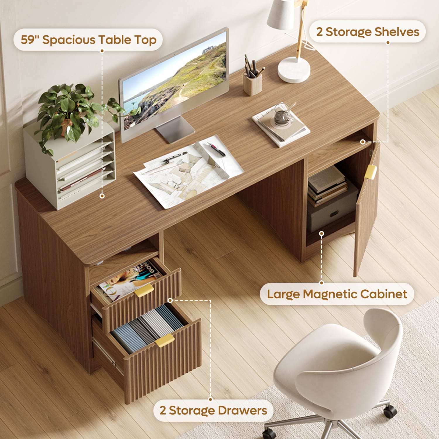 Bestier 60inW Fluted Executive Desk With Drawers/Cabinet, Brown Oak - Image 6
