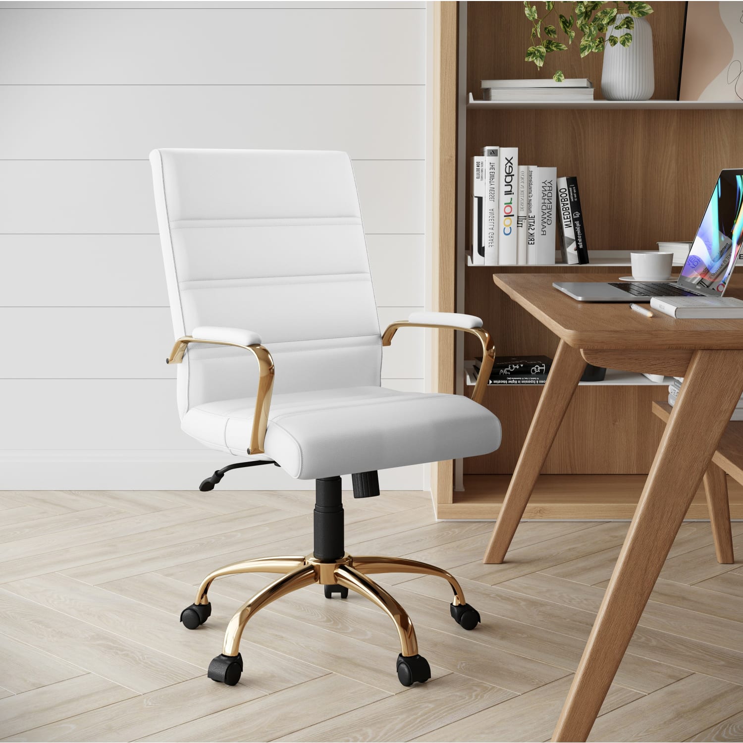 Flash Furniture LeatherSoft Faux Leather Mid Back Office Chair With Chrome Base And Arms WhiteGold PopularChairscom