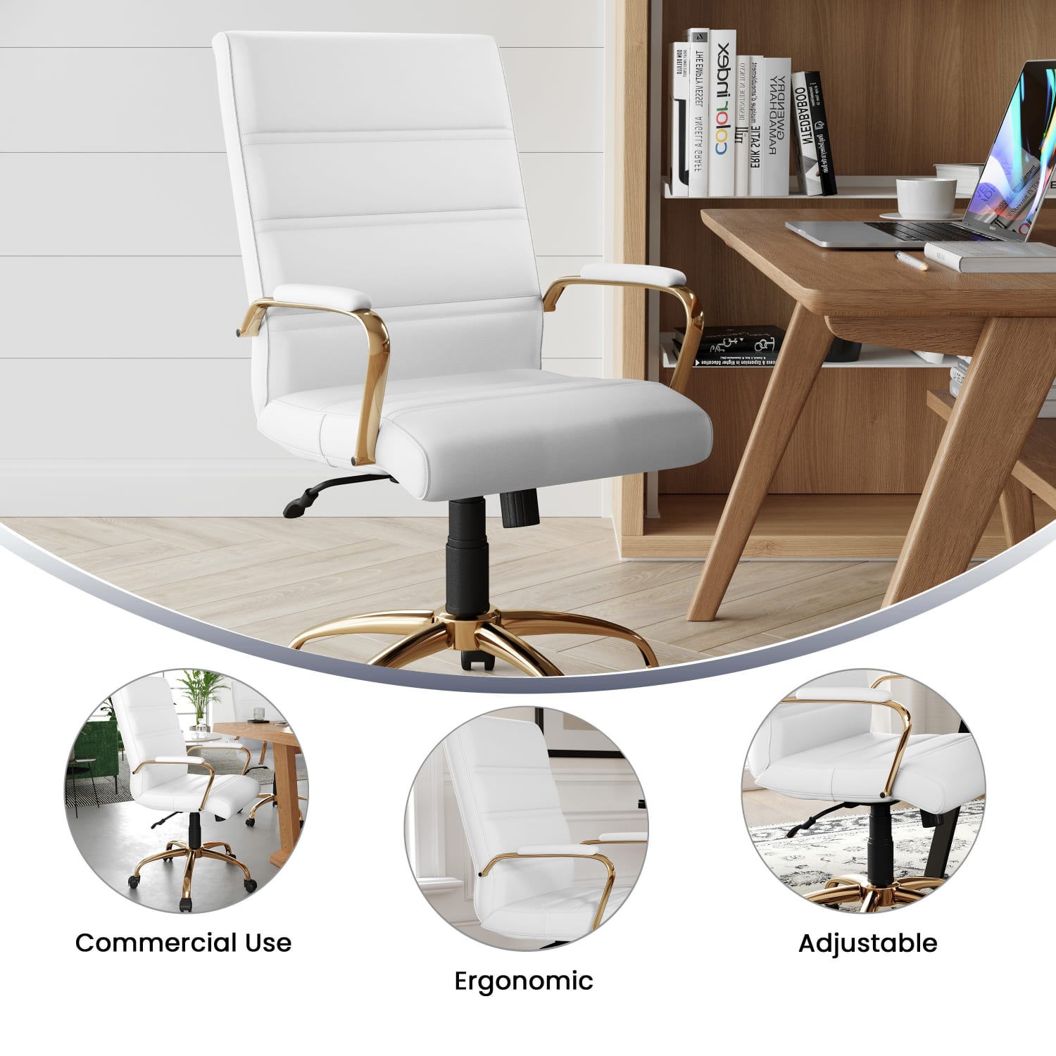 Flash Furniture LeatherSoft Faux Leather Mid Back Office Chair With Chrome Base And Arms WhiteGold PopularChairscom