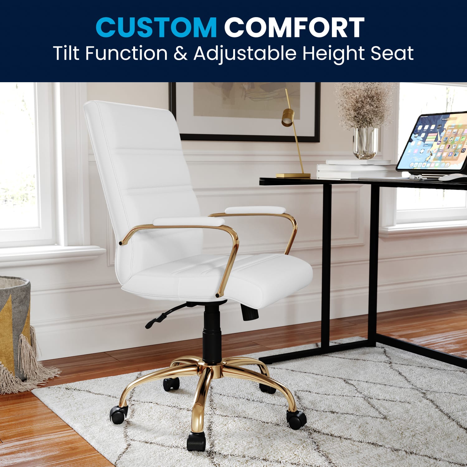 Flash Furniture LeatherSoft Faux Leather Mid Back Office Chair With Chrome Base And Arms WhiteGold PopularChairscom