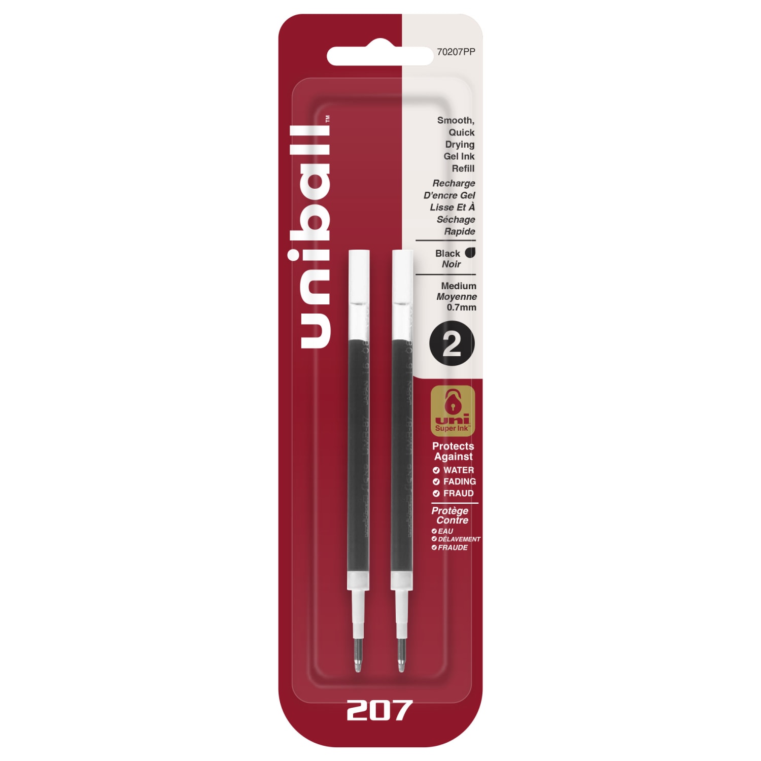 uni-ball 207 Retractable Gel Pen Refills, Medium Point, 0.7 mm, Black Ink, Pack Of 2 Refills