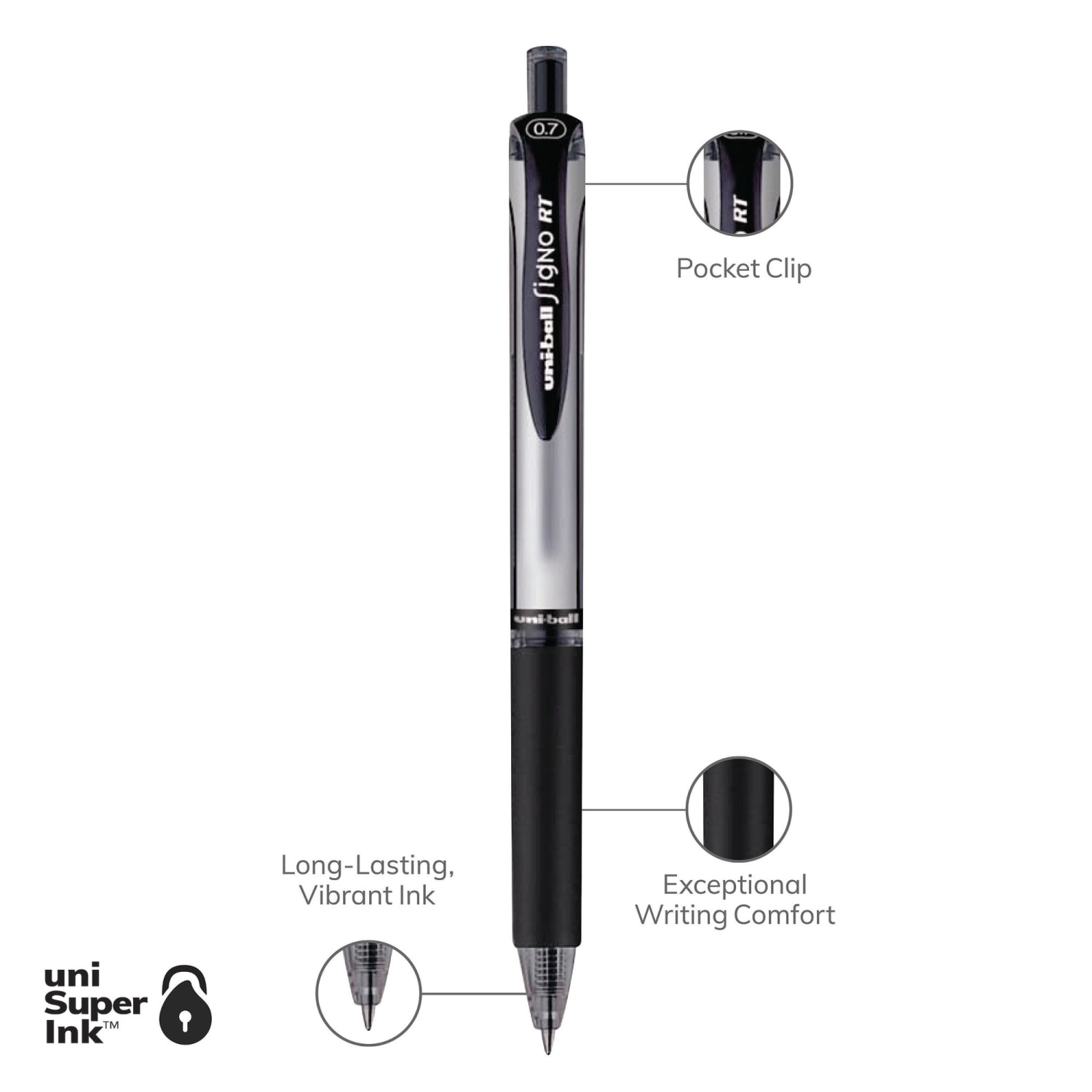 uni-ball Signo Gel RT Retractable Pens, Medium Point, 0.7 mm, Silver Barrel, Black Ink, Pack Of 12 Pens - Image 4