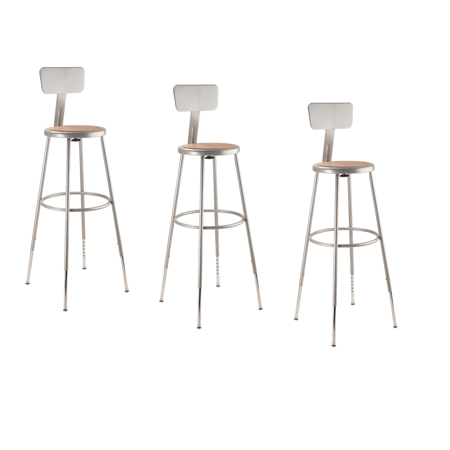 National Public Seating Adjustable Hardboard Stools With Backs, 32in-39inH, Gray, Set of 3