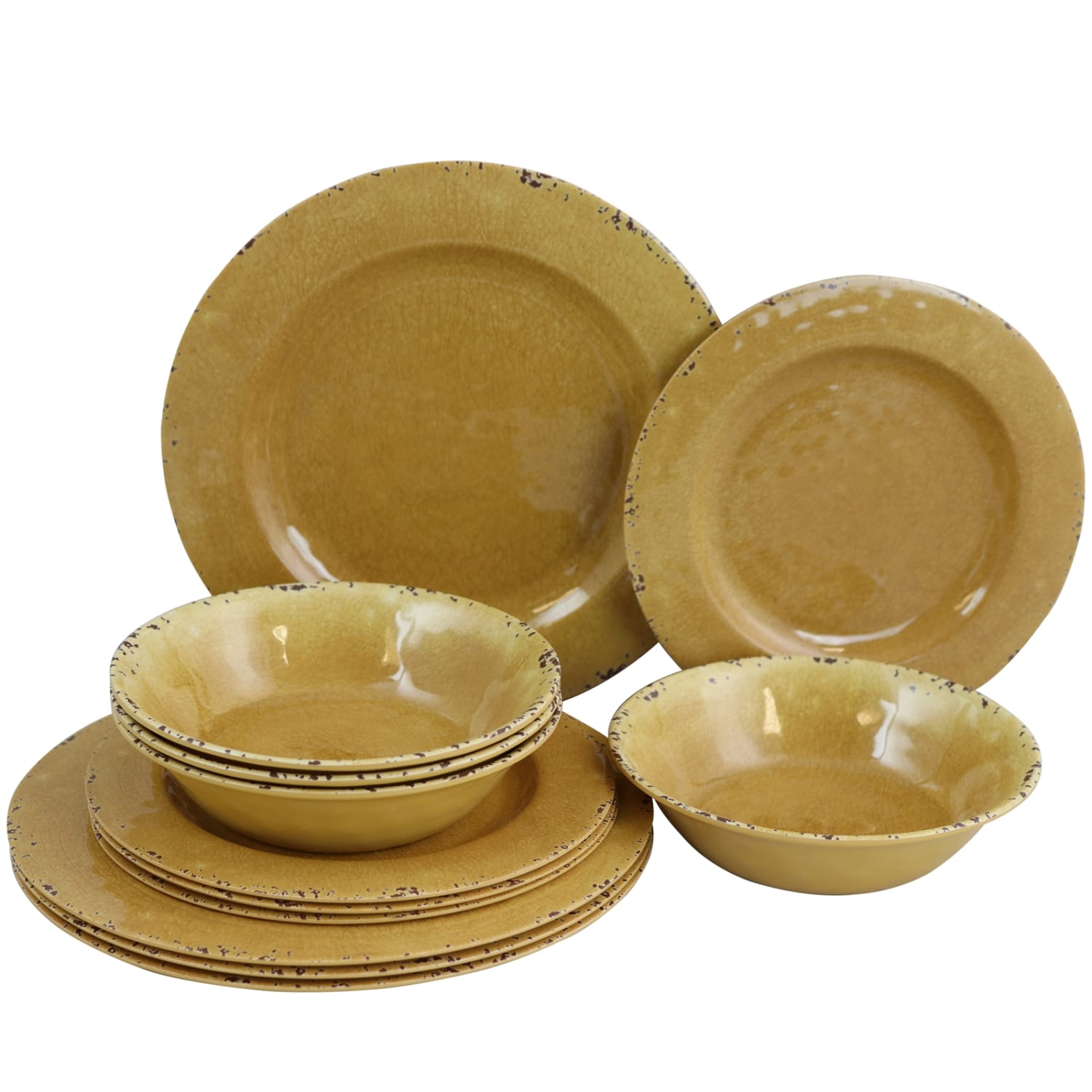 Gibson Studio California Mauna 12-Piece Melamine Dinnerware Set, Yellow Crackle - Image 4