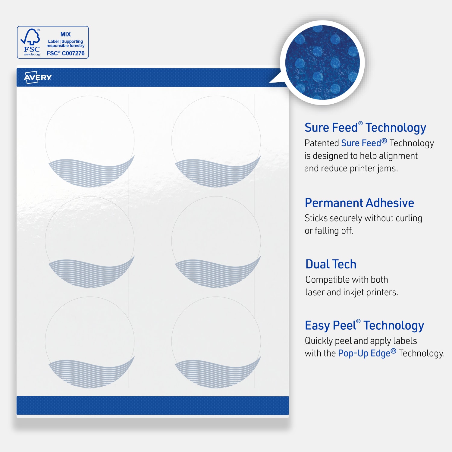Avery Printable Labels With Sure Feed Technology, S00-EV1, Round, 3in, Glossy White With Preprinted Blue Waves Design, Pack Of 60 - Image 5