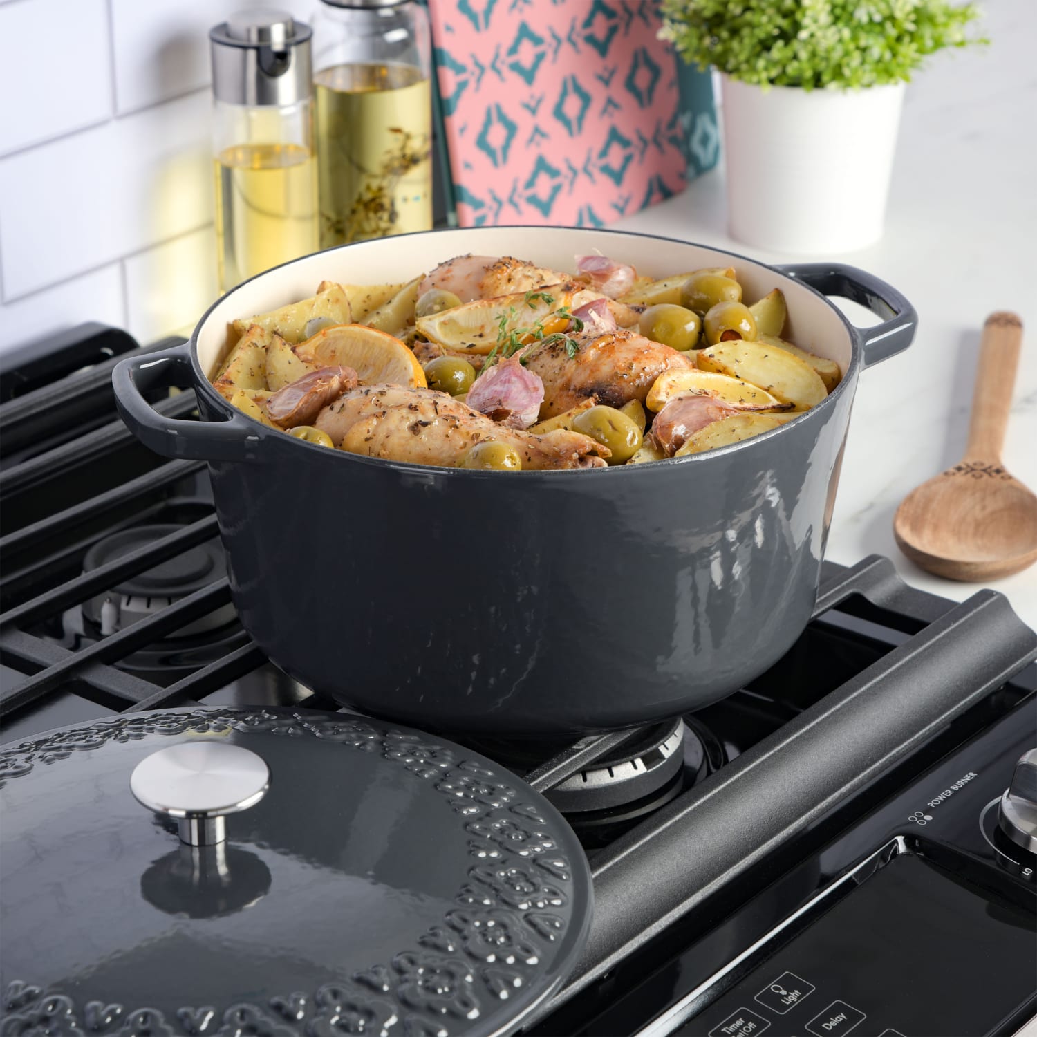 Spice by Tia Mowry Savory Saffron 6-Quart Enameled Cast Iron Dutch Oven, Charcoal - Image 6