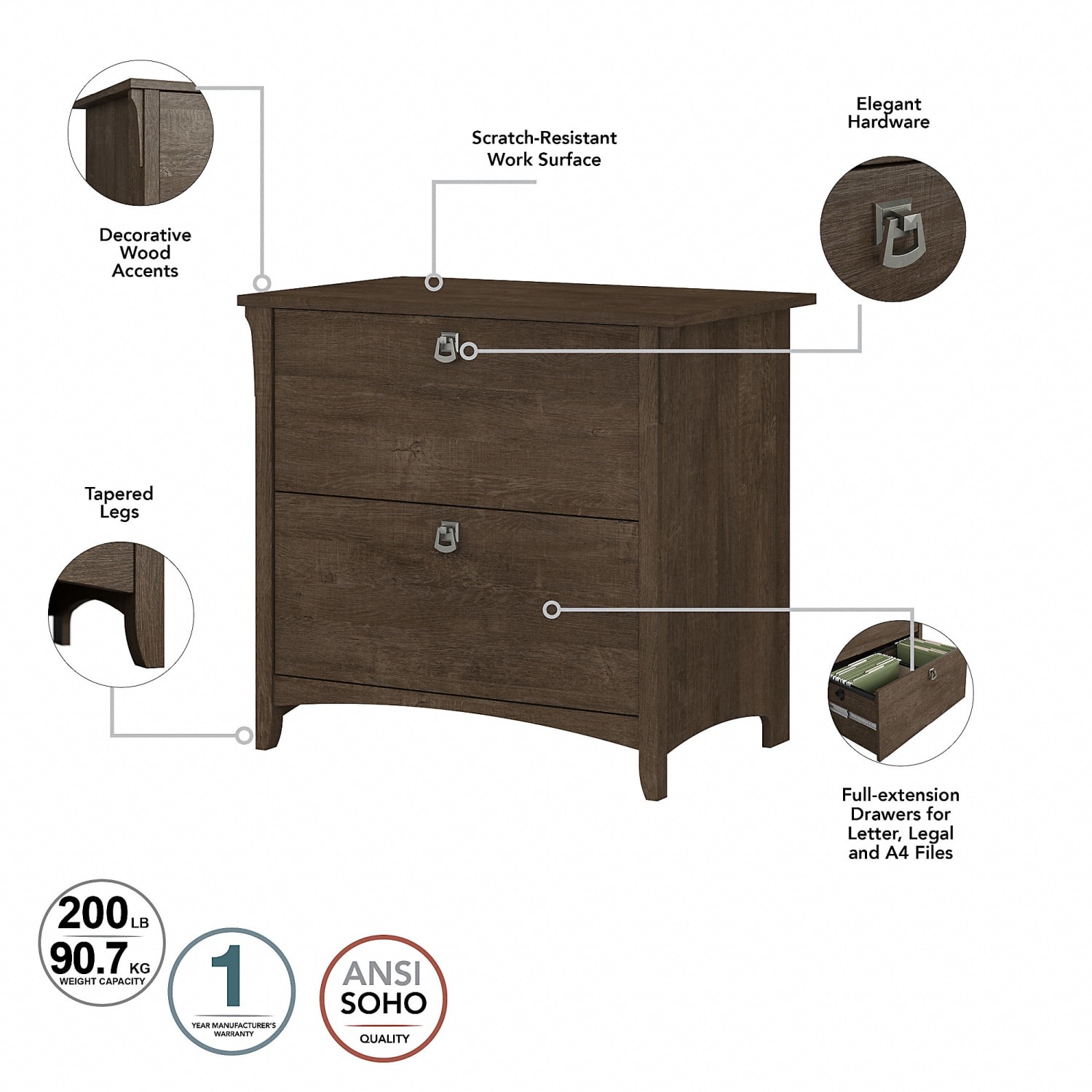 Bush Business Furniture Salinas 60inW L-Shaped Corner Desk With Lateral File Cabinet And 5-Shelf Bookcase, Ash Brown, Standard Delivery - Image 6