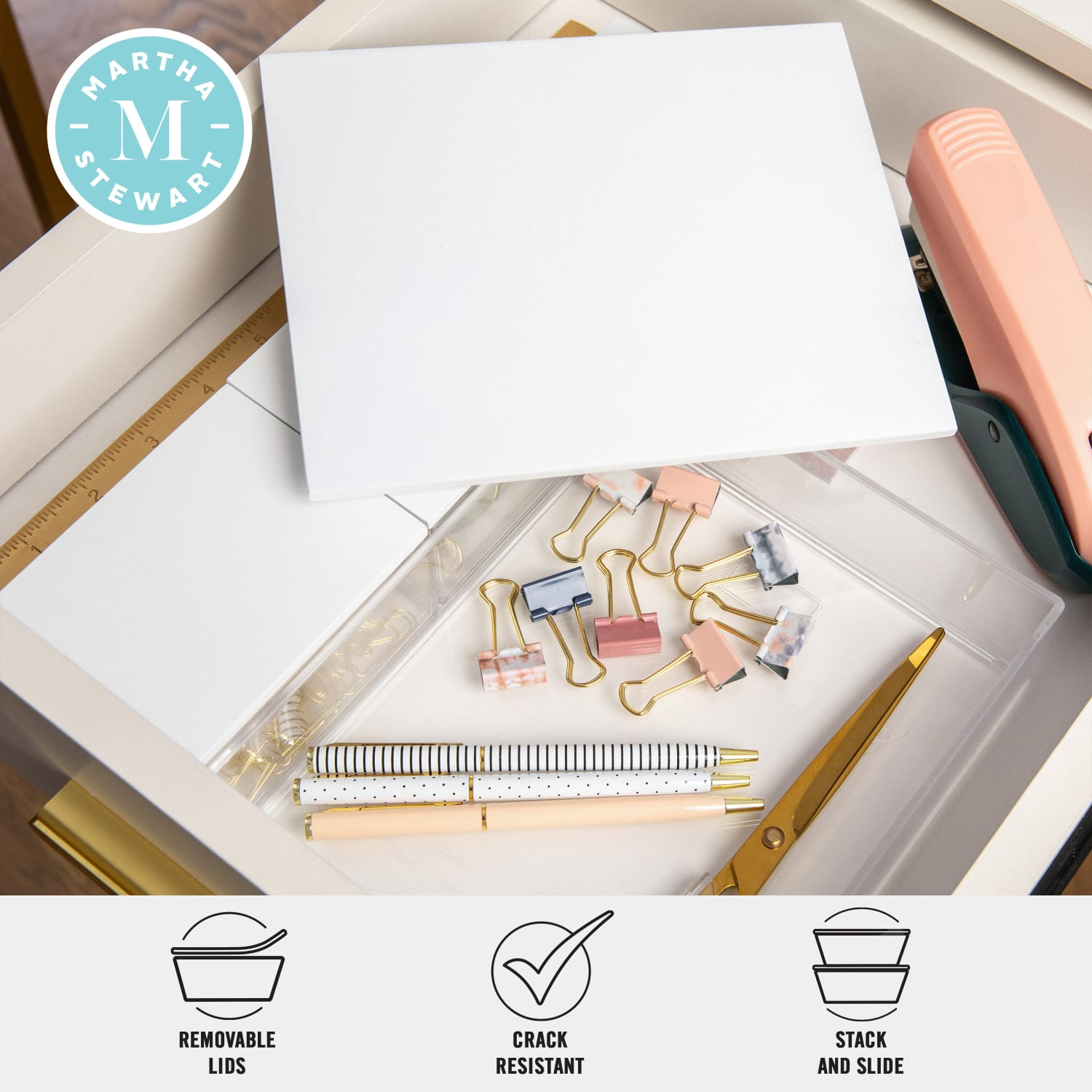 Martha Stewart Brody Plastic Storage Organizer Bins With Lids, 2inH x 7-1/2inW x 6-1/4inD, Clear/White, Set Of 3 Bins - Image 4