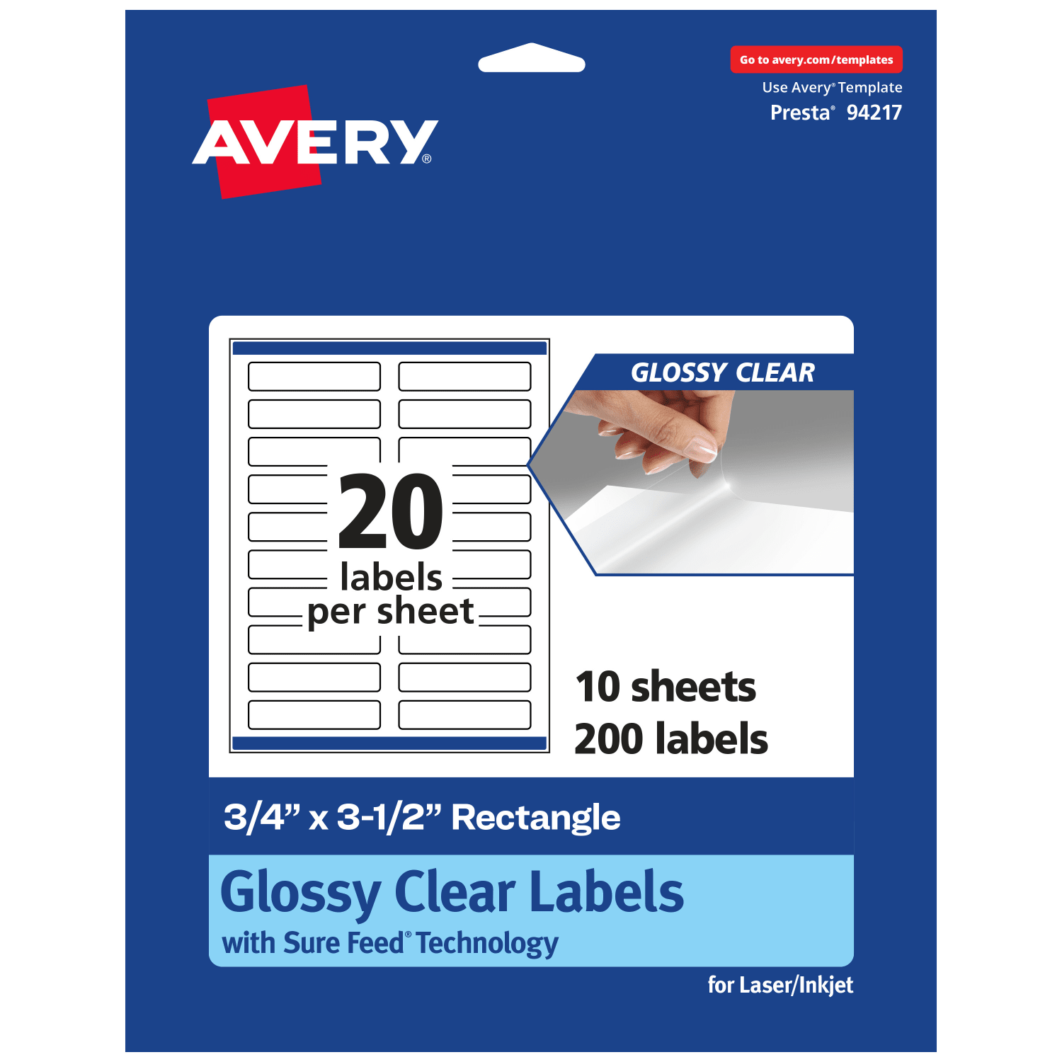 Avery Glossy Permanent Labels With Sure Feed, 94217-CGF10, Rectangle, 3/4in x 3-1/2in, Clear, Pack Of 200