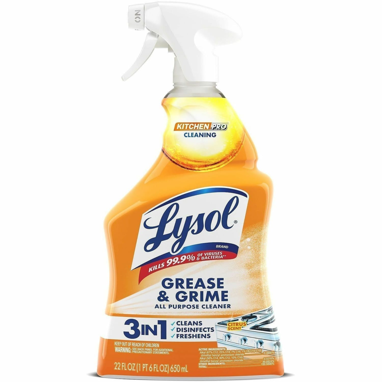 Lysol Kitchen Pro Antibacterial Cleaner - For Multi Surface - 22 fl oz (0.7 quart) - Fresh Citrus Scent - Deodorize, Streak-free, Chemical-free, Disinfectant, Anti-bacterial, Residue-free - Clear - 9 / Carton - Image 3