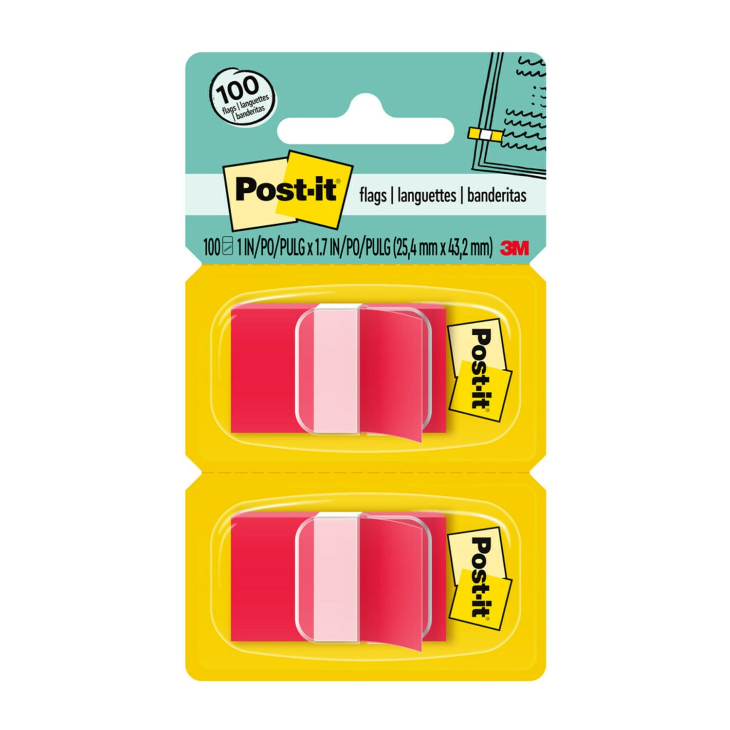Post-it Notes Flags, 1in x 1-7/10in, Red, 50 Flags Per Pad, Pack Of 2 Pads