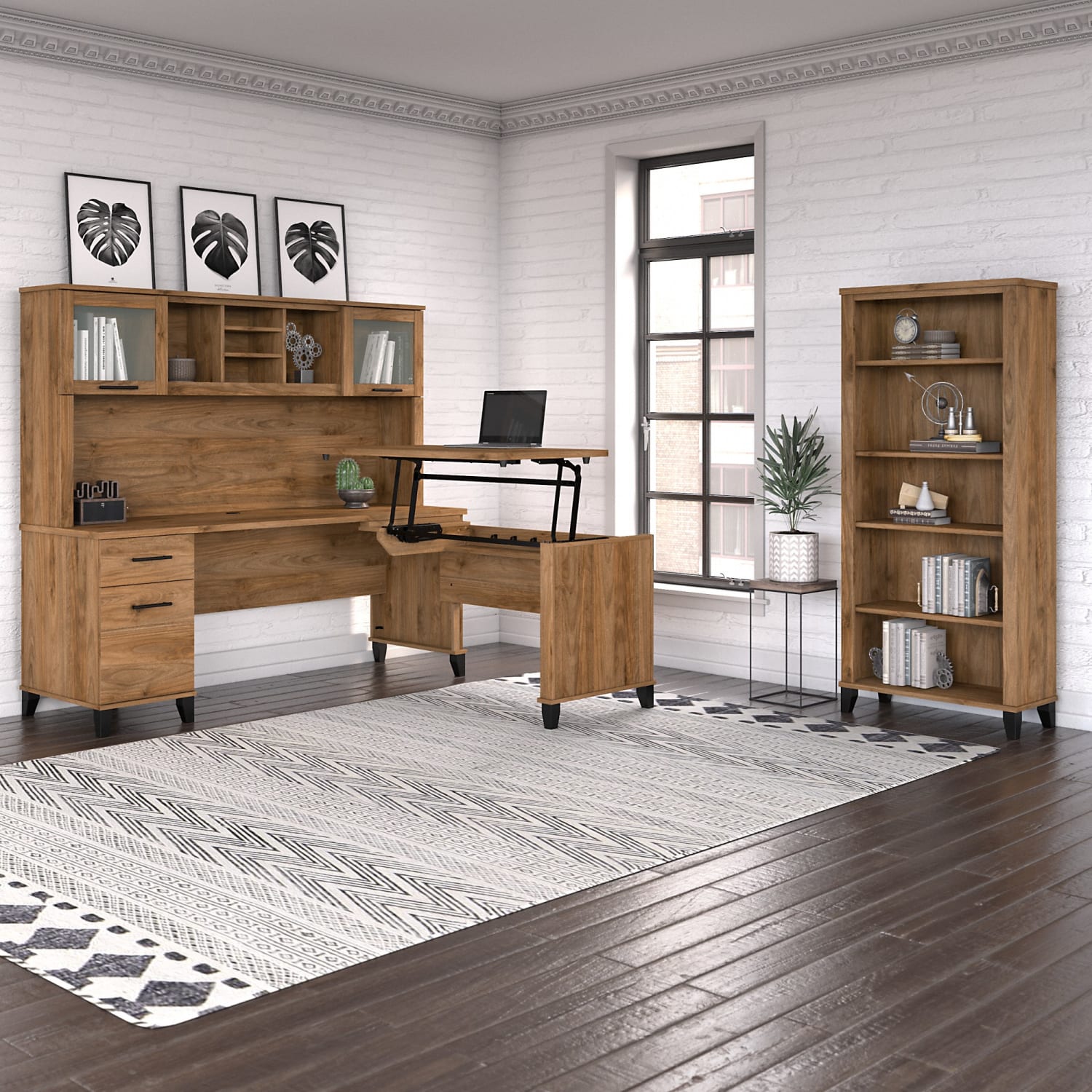 Bush Furniture Somerset 72inW 3-Position Sit-to-Stand L-Shaped Desk With Hutch And Bookcase, Fresh Walnut, Standard Delivery - Image 3