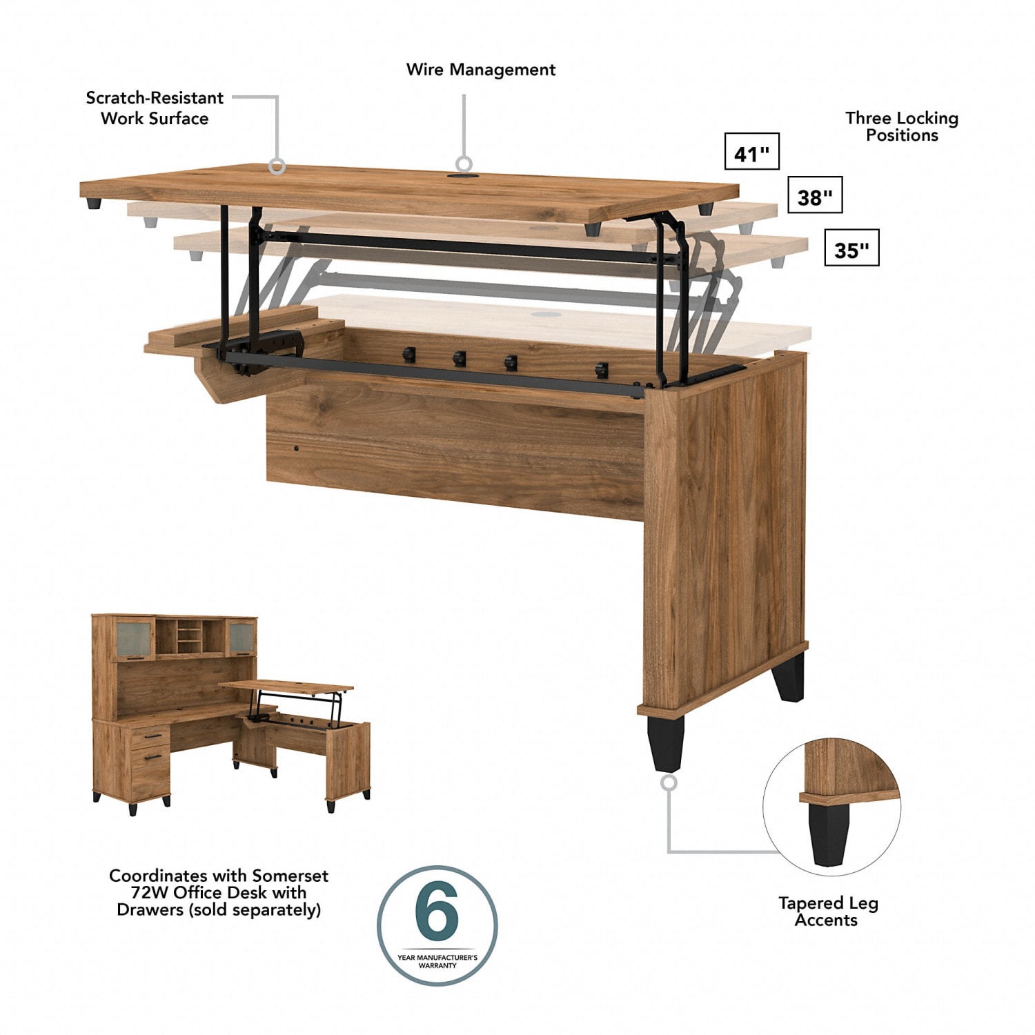 Bush Furniture Somerset 72inW 3-Position Sit-to-Stand L-Shaped Desk With Hutch And Bookcase, Fresh Walnut, Standard Delivery - Image 5