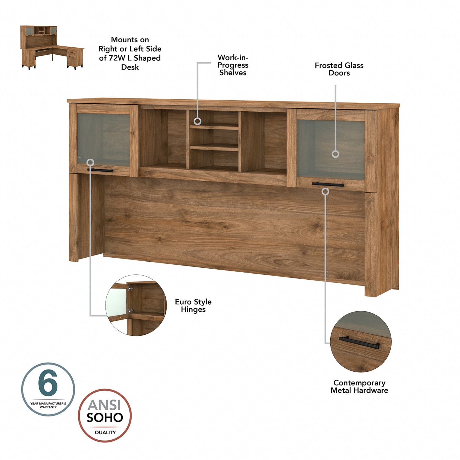 Bush Furniture Somerset 72inW 3-Position Sit-to-Stand L-Shaped Desk With Hutch And Bookcase, Fresh Walnut, Standard Delivery - Image 6