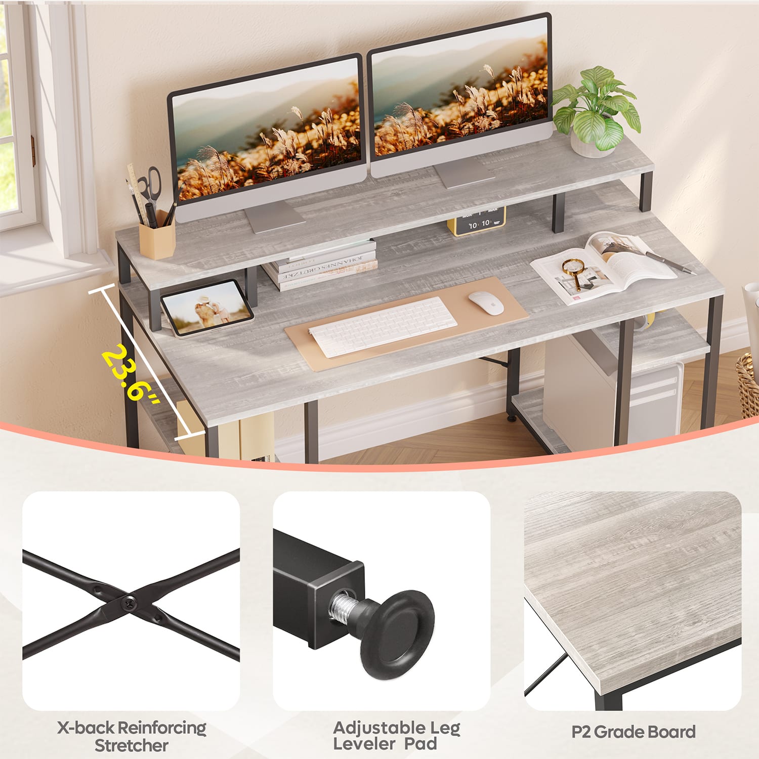 Bestier 56inW Student Desk With Monitor Stand & Storage Shelf, Gray - Image 4