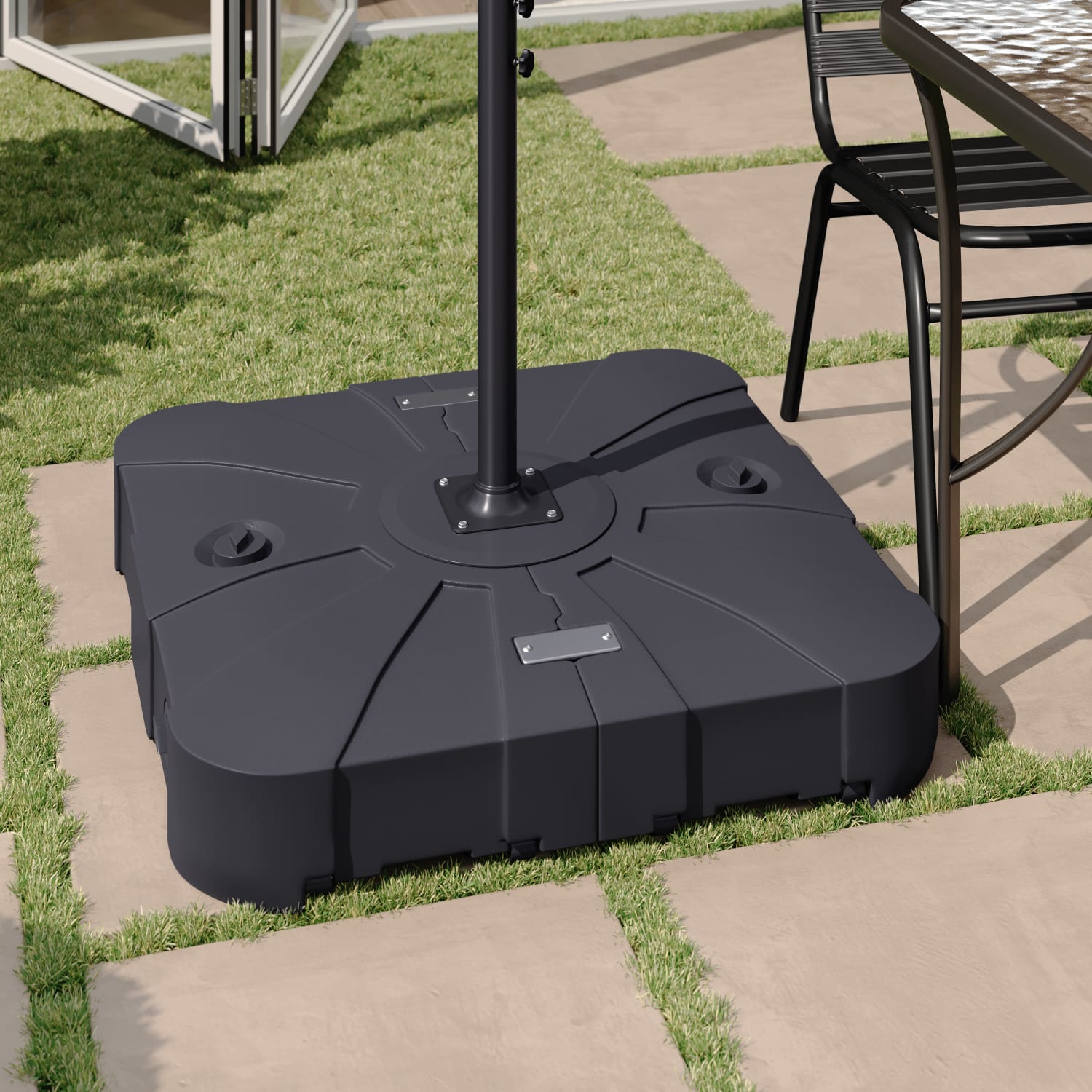 Flash Furniture Hank Heavy Duty Weather-Resistant Universal Offset Umbrella Base with Grooved Handles and Built-In Wheels, Black - Image 3
