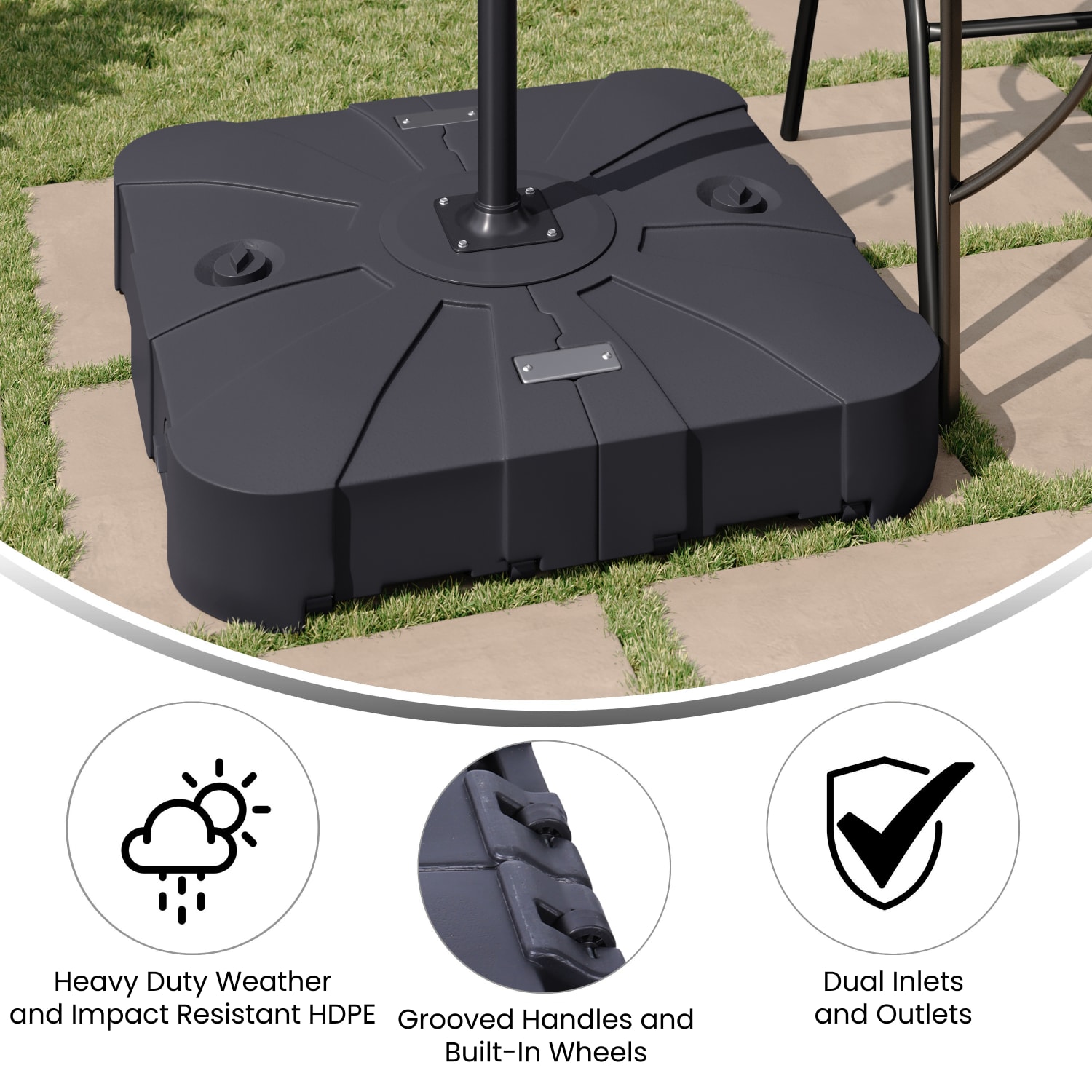 Flash Furniture Hank Heavy Duty Weather-Resistant Universal Offset Umbrella Base with Grooved Handles and Built-In Wheels, Black - Image 4