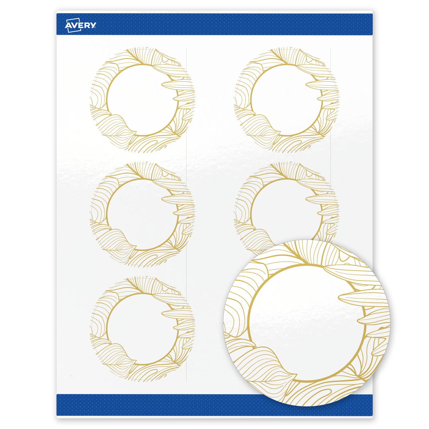 Avery Printable Labels With Sure Feed Technology, S00-EVZ, Round, 3in, Glossy White With Preprinted Gold Leaf Pattern, Pack Of 60 - Image 3