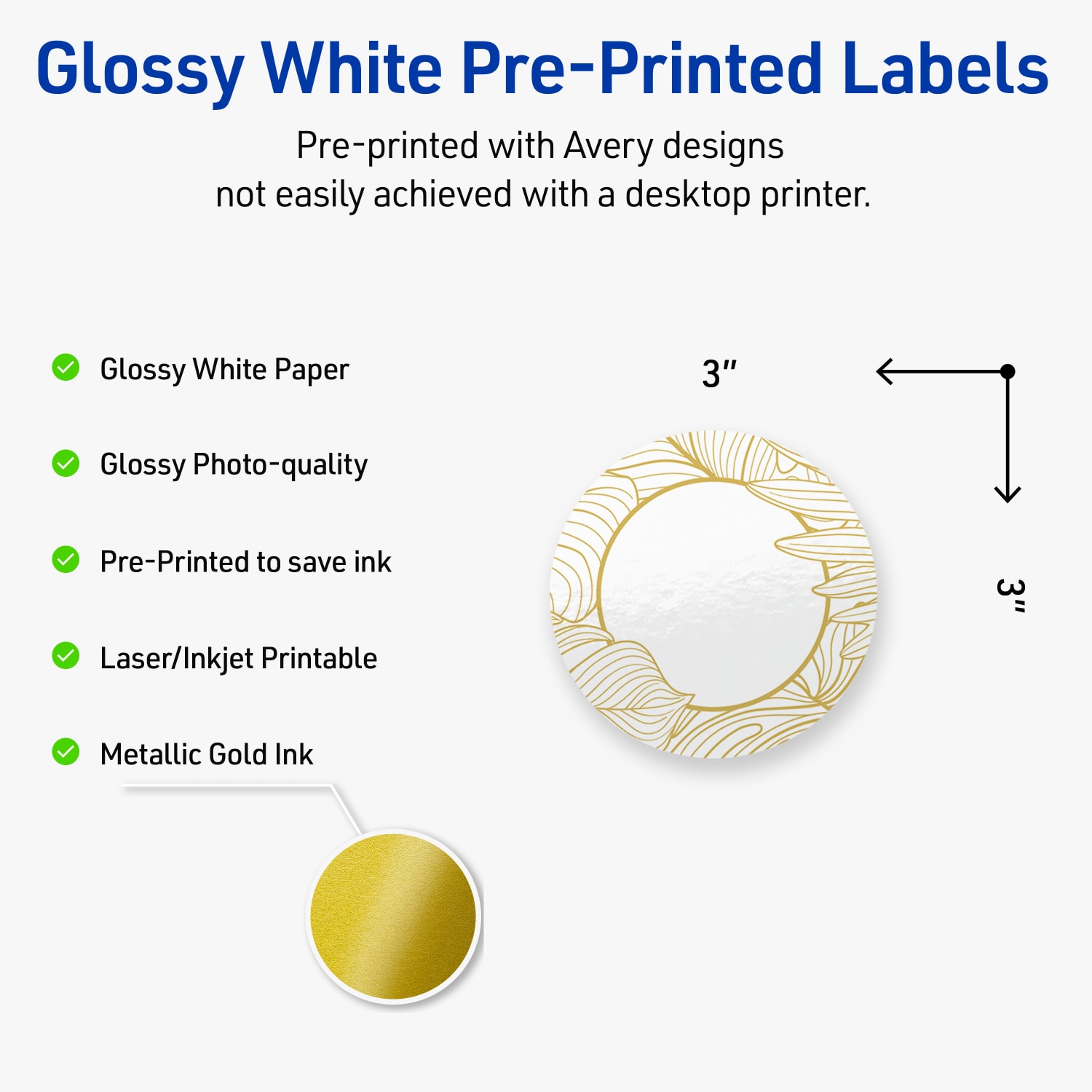 Avery Printable Labels With Sure Feed Technology, S00-EVZ, Round, 3in, Glossy White With Preprinted Gold Leaf Pattern, Pack Of 60 - Image 4
