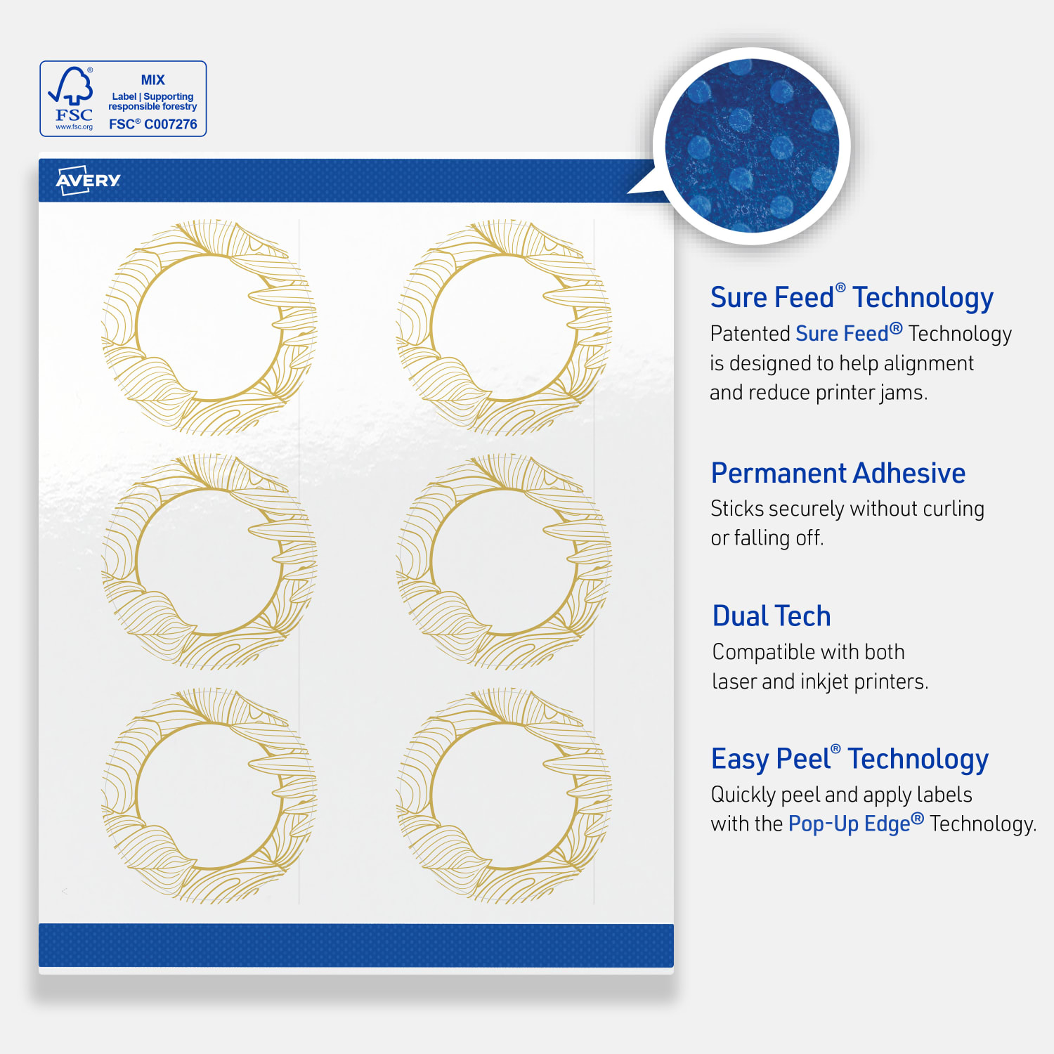 Avery Printable Labels With Sure Feed Technology, S00-EVZ, Round, 3in, Glossy White With Preprinted Gold Leaf Pattern, Pack Of 60 - Image 5