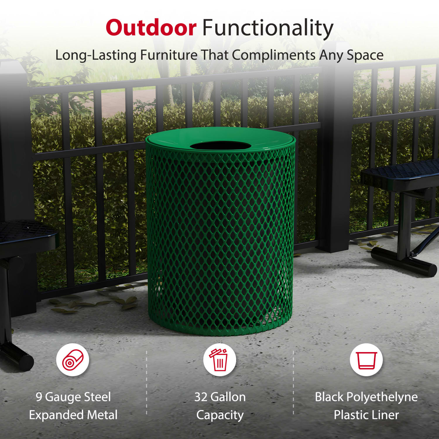 Leisure Craft Expanded Metal Outdoor Receptacle, 32-Gallon, Green - Image 4