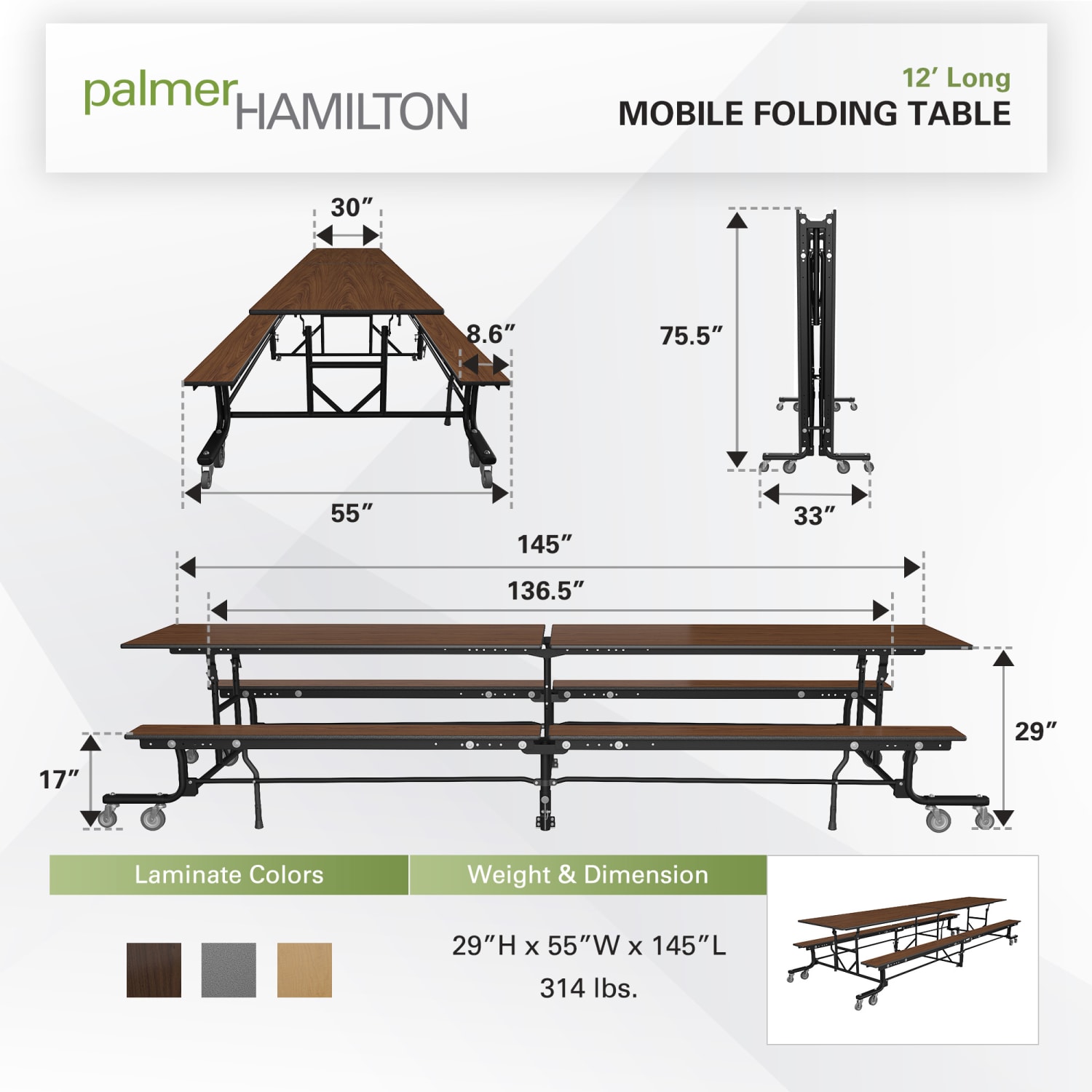 Palmer Hamilton 19F Mobile Cafeteria Bench Table, 29in x 145in, Montana Walnut - Image 4