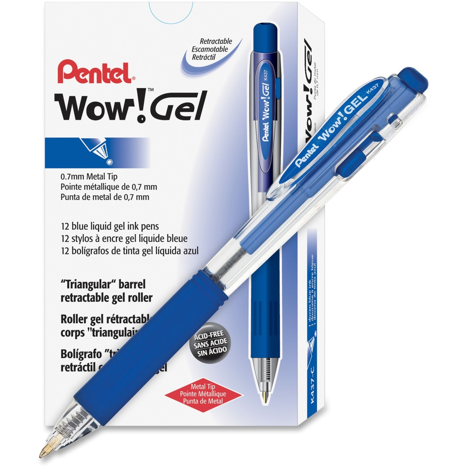 Pentel Wow! Retractable Gel Roller Pens, Medium Point, 0.7 mm, Clear Barrel, Blue Ink, Pack Of 12 - Image 4