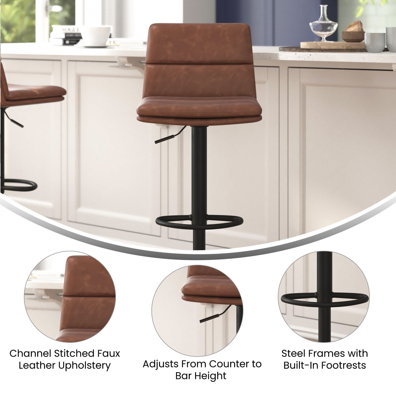 Flash Furniture Hughes Commercial Grade Modern Adjustable Height LeatherSoft Channel Stitched Barstools Set of 2 Cognac PopularChairscom Flash Furniture Hughes Commercial Grade Modern Adjustable Height LeatherSoft Channel Stitched Barstools Set of 2 Cognac PopularChairscom