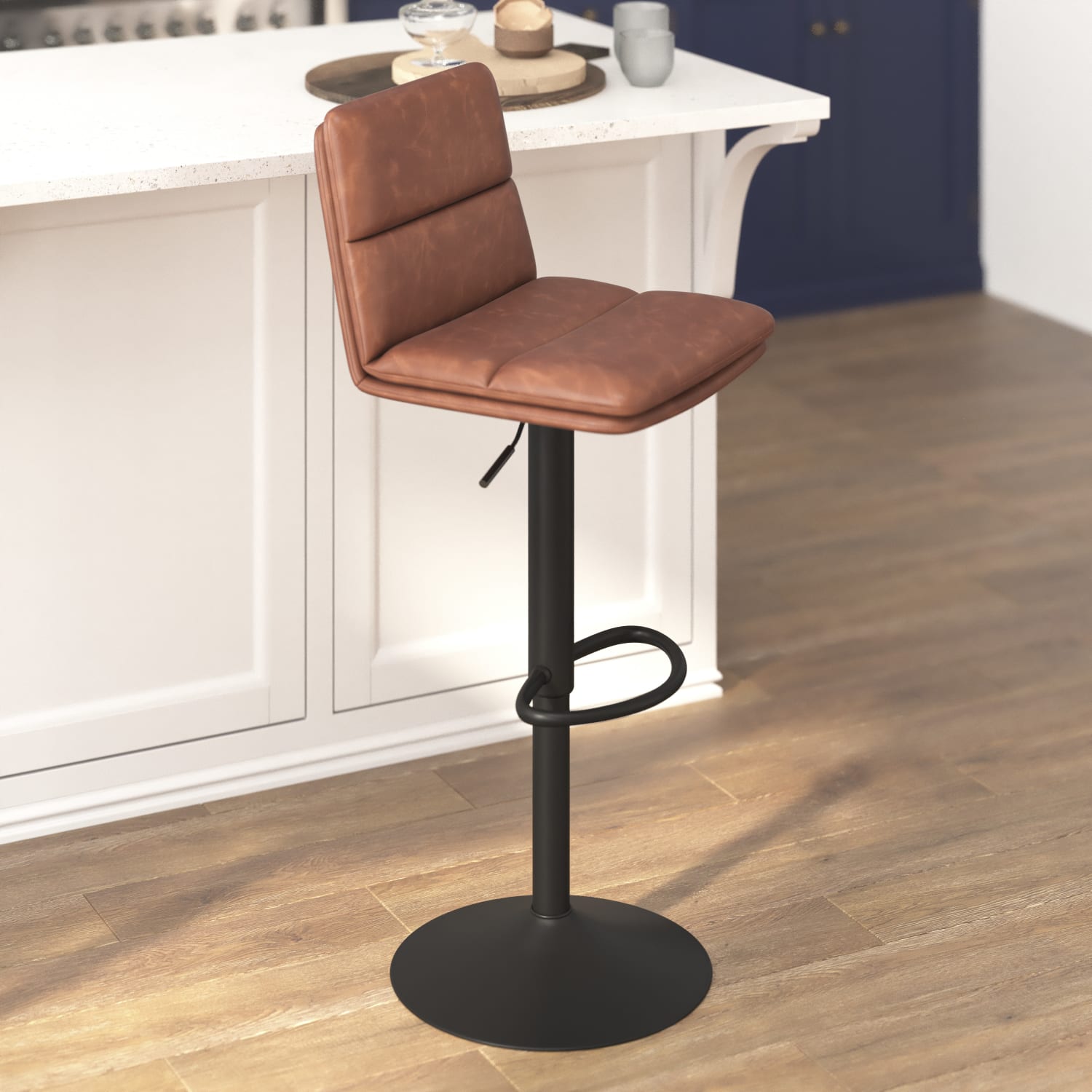 Flash Furniture Hughes Commercial Grade Modern Adjustable Height LeatherSoft Channel Stitched Barstools Set of 2 Cognac PopularChairscom