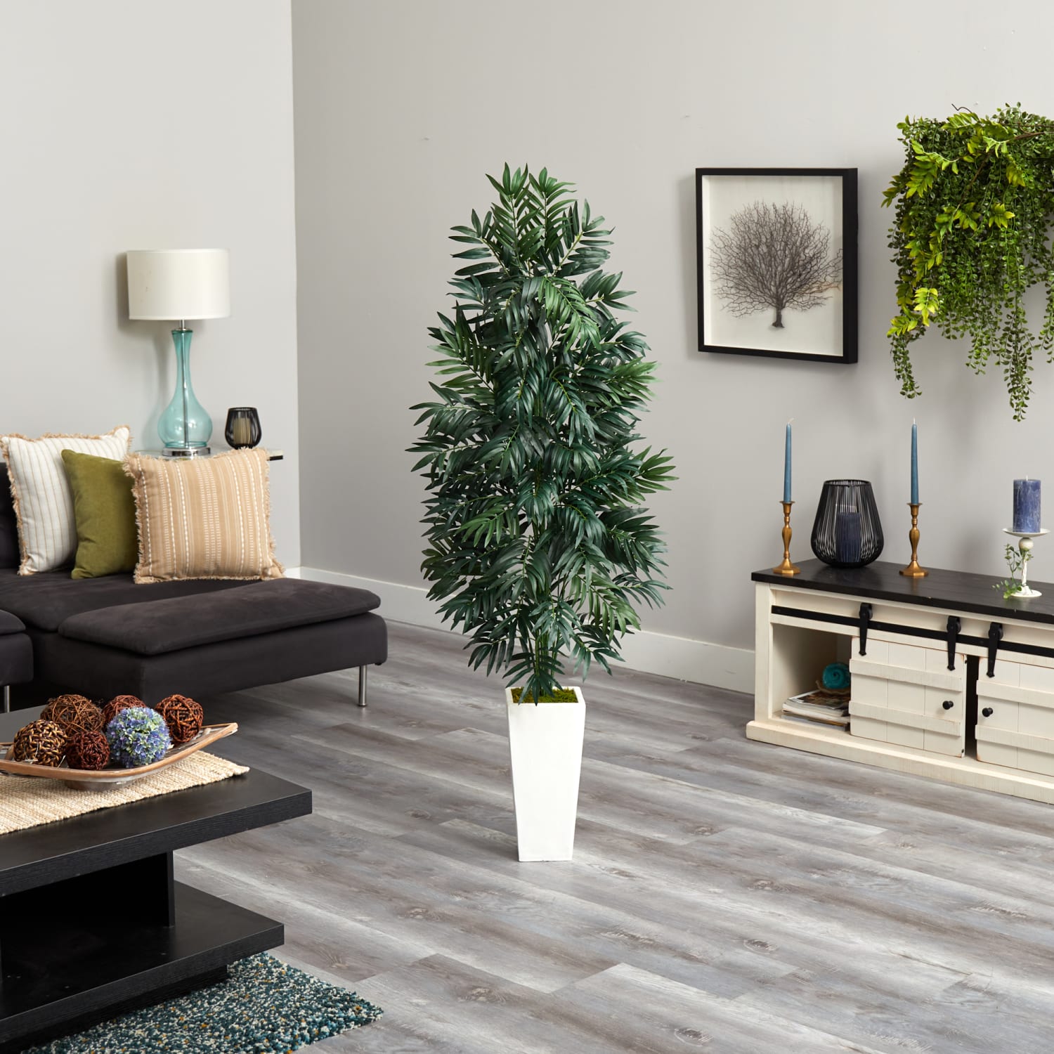 Nearly Natural 5ftH Bamboo Palm Artificial Plant With Planter, 60inH x 20inW x 20inD, White/Green - Image 4