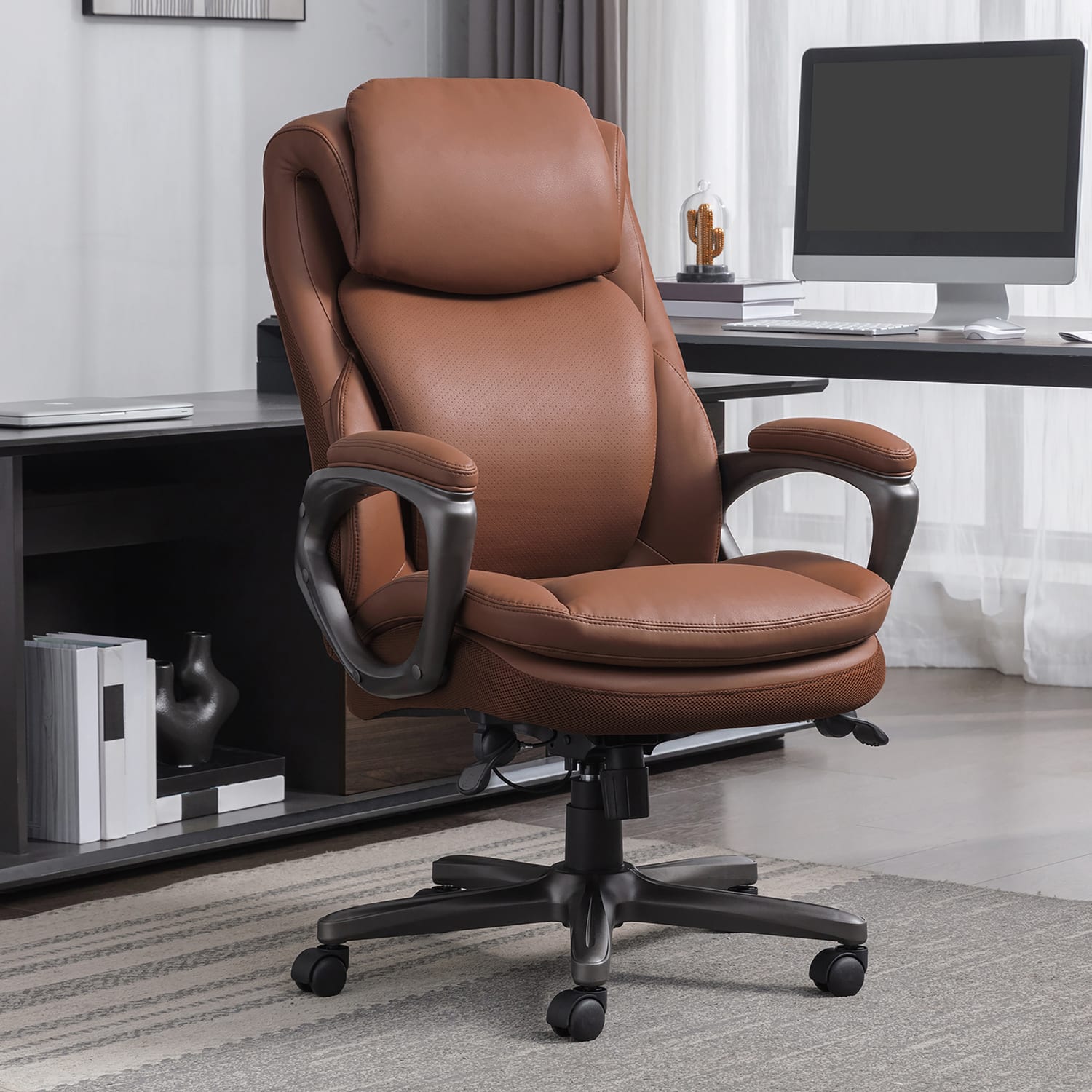 Serta® Smart Layers™ Arlington AIR™ Ergonomic Bonded Leather High-Back Executive Office Chair, Cognac Brown/Dark Gray, BIFMA Compliant