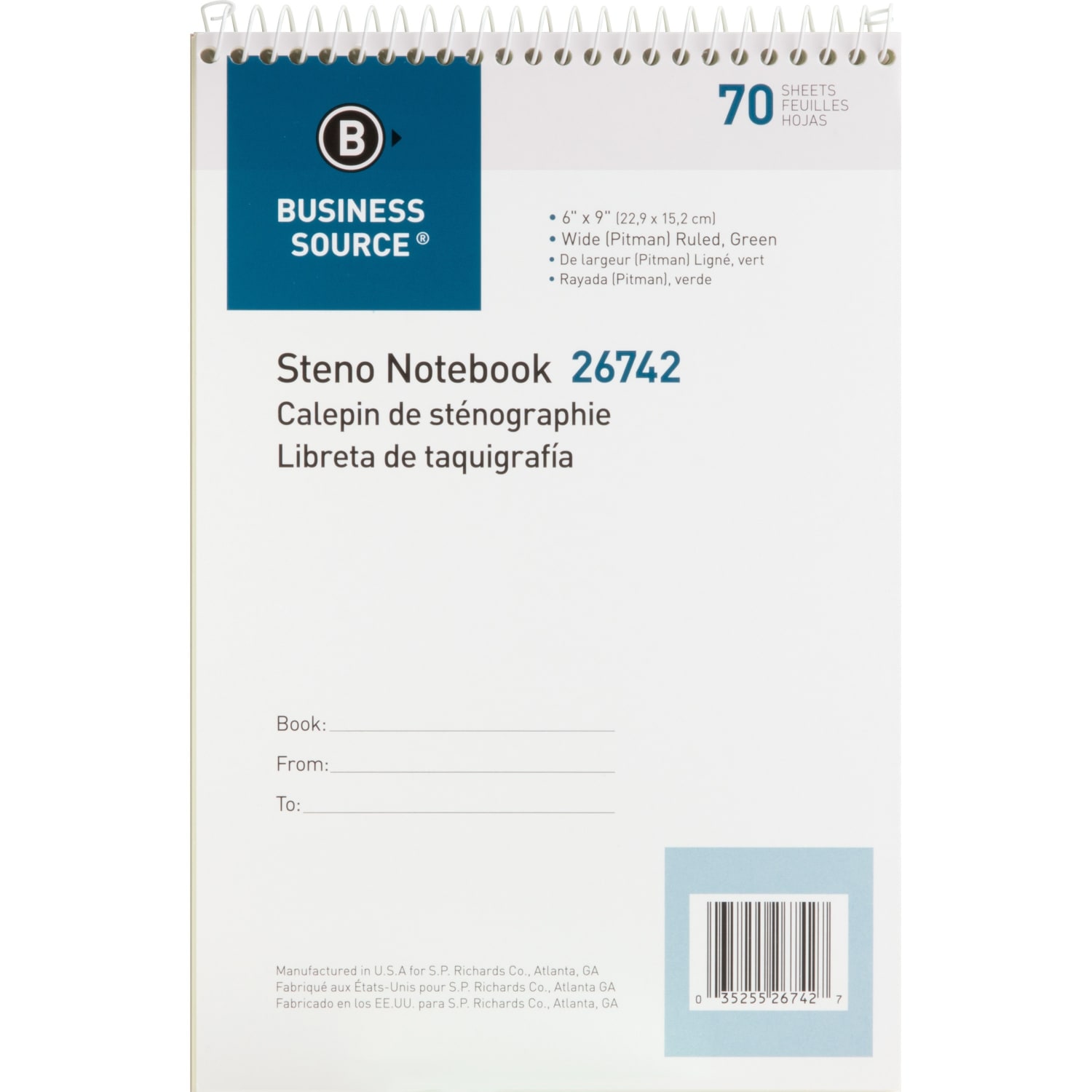 Business Source Steno Notebook - 70 Sheets - Wire Bound - Pitman Ruled Margin - 6in x 9in Sheet Size - Green Paper - Stiff-back - 1 Each - Image 3