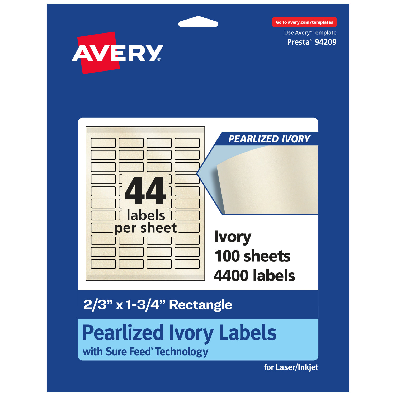 Avery Pearlized Permanent Labels With Sure Feed, 94209-PIP100, Rectangle, 2/3in x 1-3/4in, Ivory, Pack Of 4,400 Labels