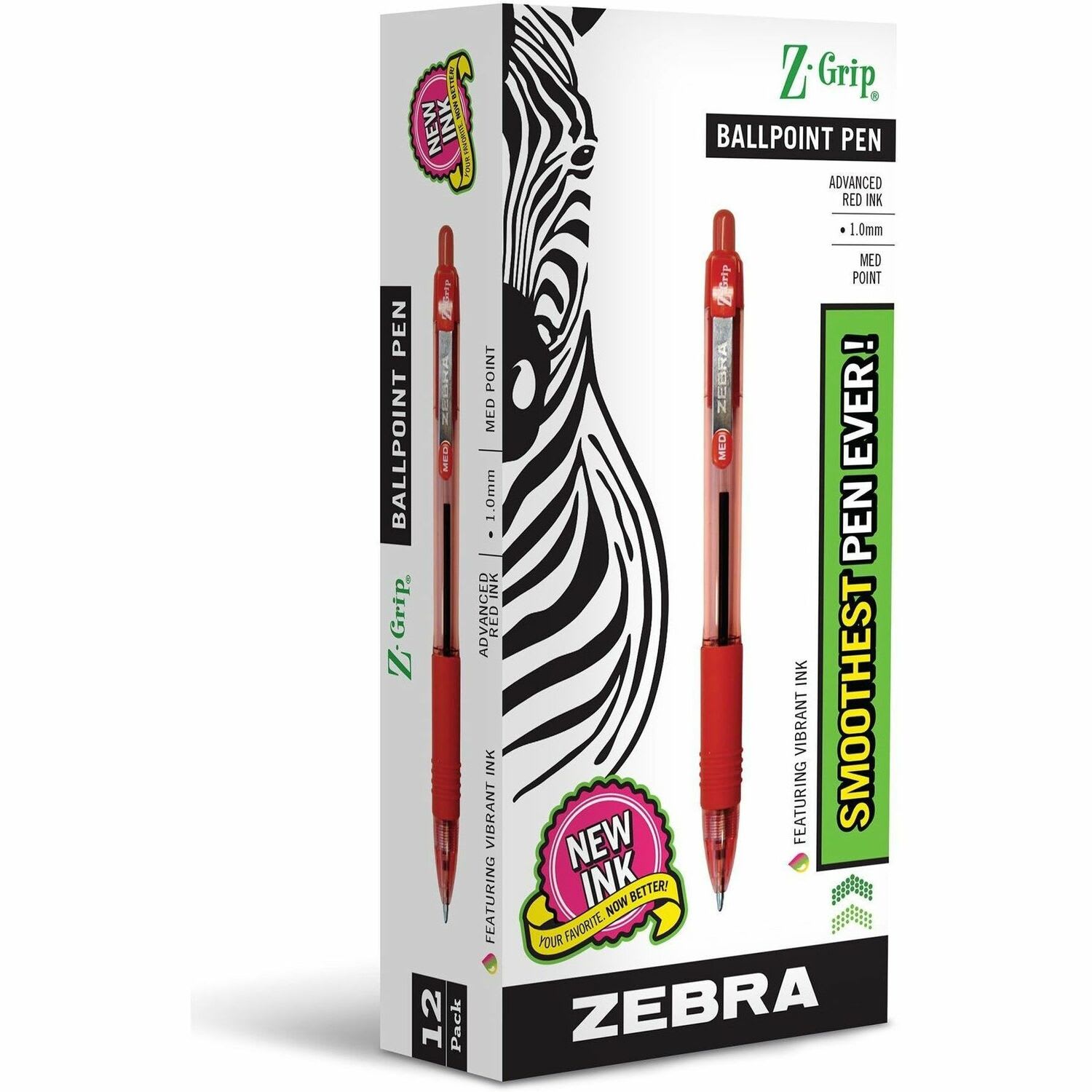 Zebra Pen Z-Grip Retractable Ballpoint Pens, Pack Of 12, Medium Point, 1.0 mm, Red Barrel, Red Ink