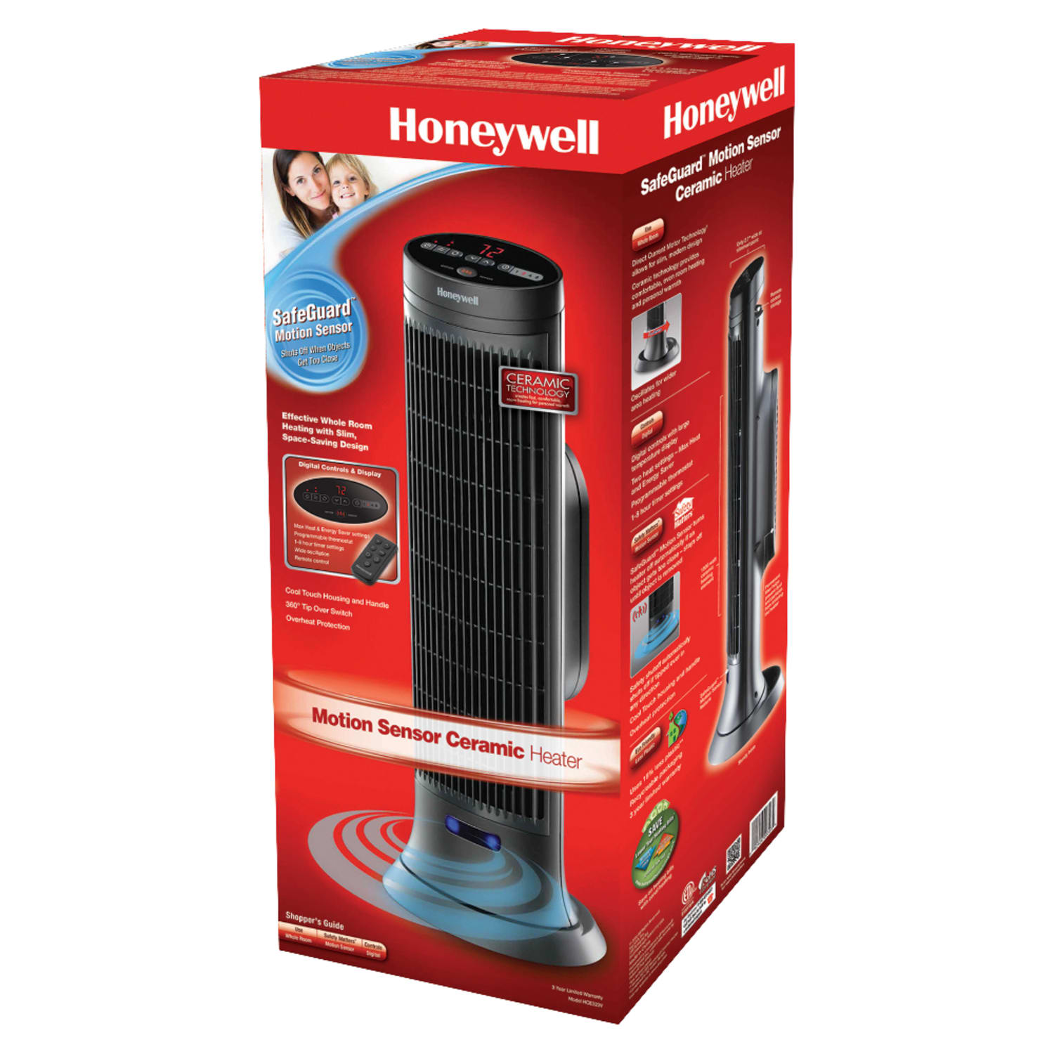 Honeywell 1500 Watts Electric Ceramic Oscillating Heater, 2 Heat Settings, 23.25inH x 8.75inW x 6.75inD, Black - Image 3