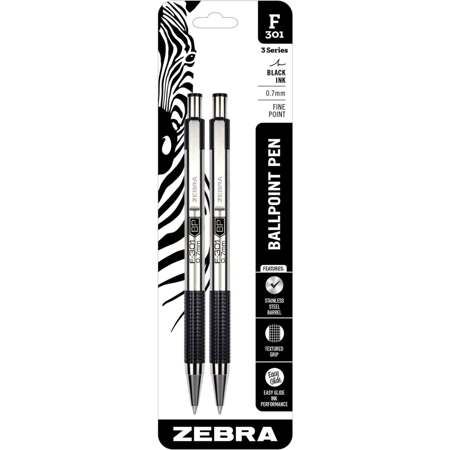 Zebra Pen BCA F-301 Ballpoint Pens, Pack Of 2, Fine Point, 0.7 mm, Silver Barrel, Black Ink - Image 4