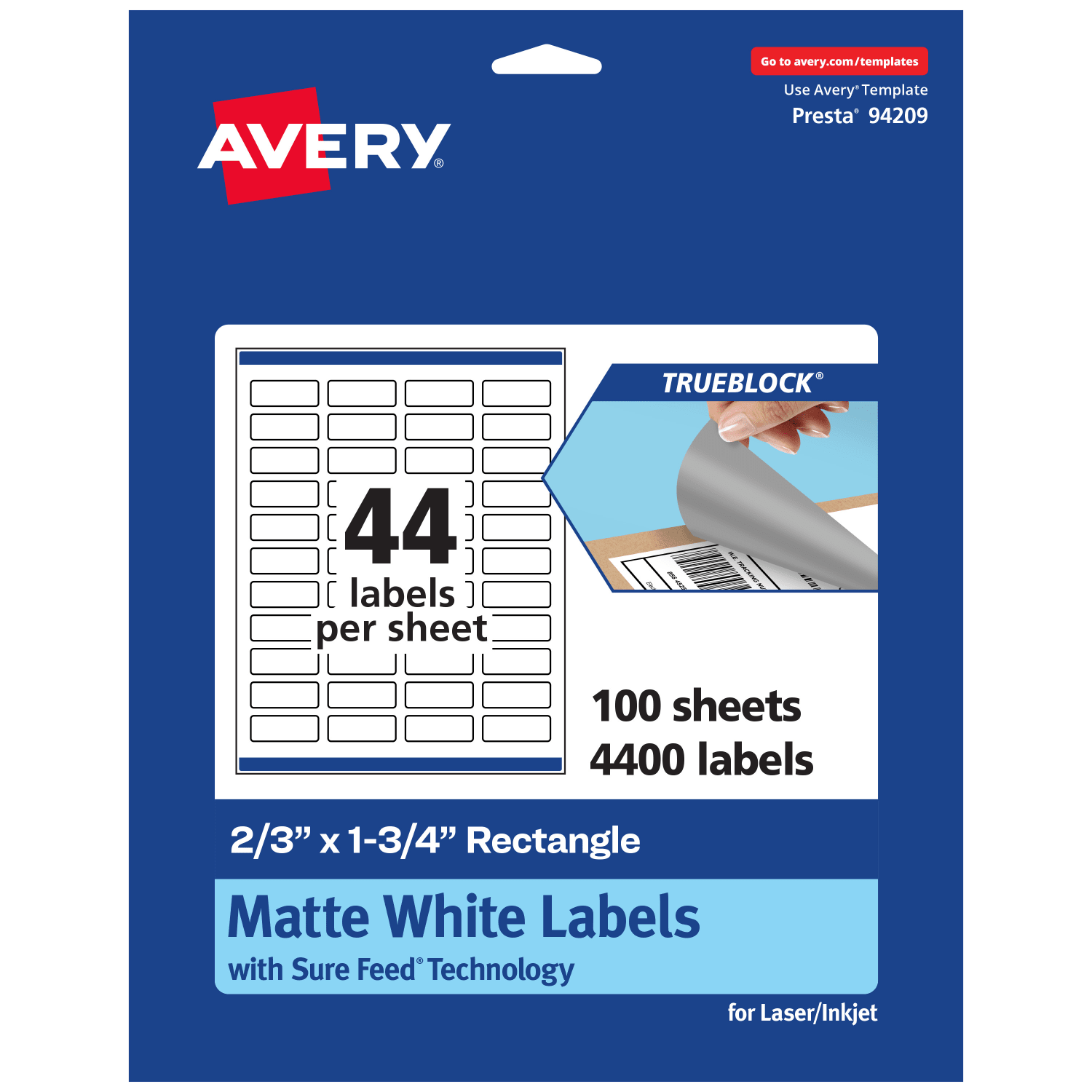 Avery Print-To-The-Edge TrueBlock Labels With Sure Feed, 94209-TWMP100, Rectangle, 2/3in x 1-3/4in, Matte White, Pack Of 4400