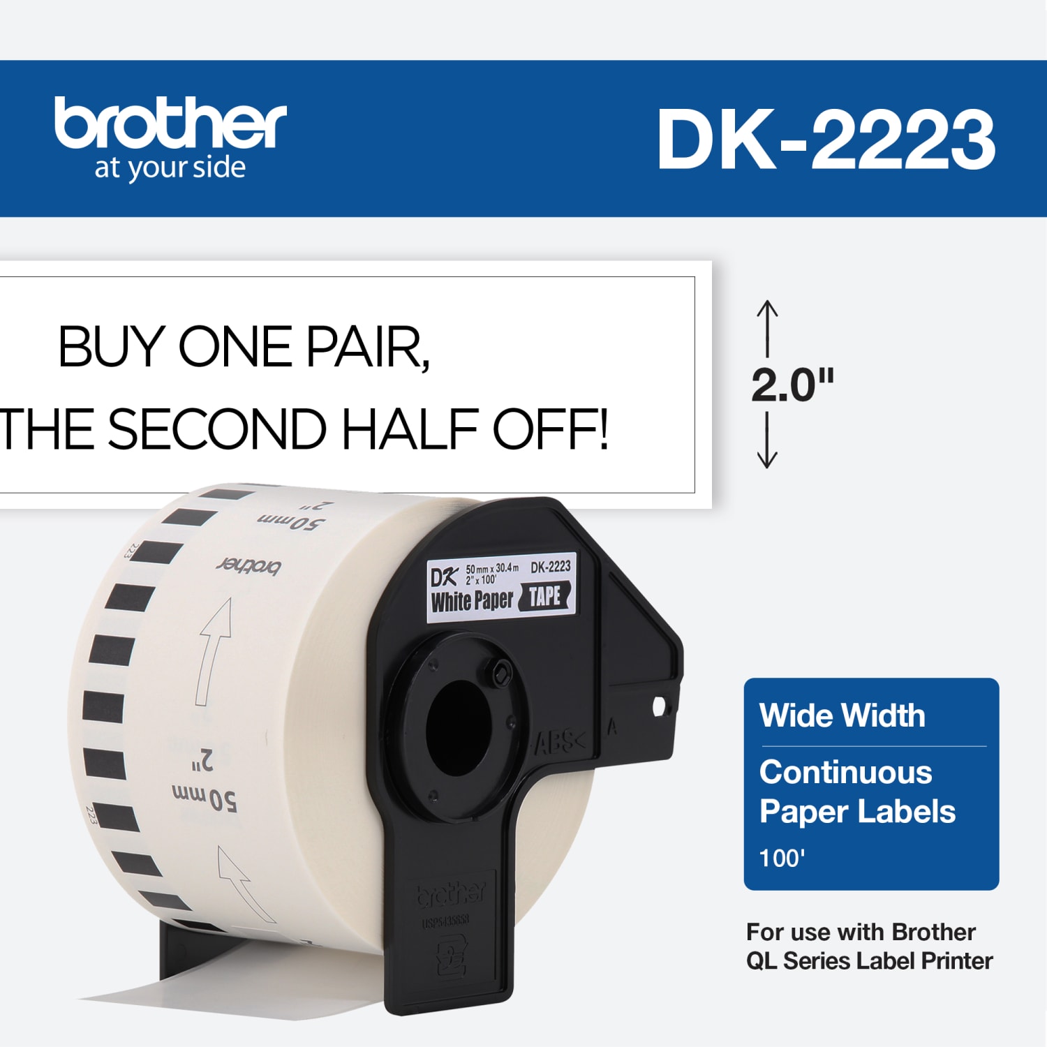 Brother Paper Label Tape, Continuous, 2in x 100ft, White - Image 3