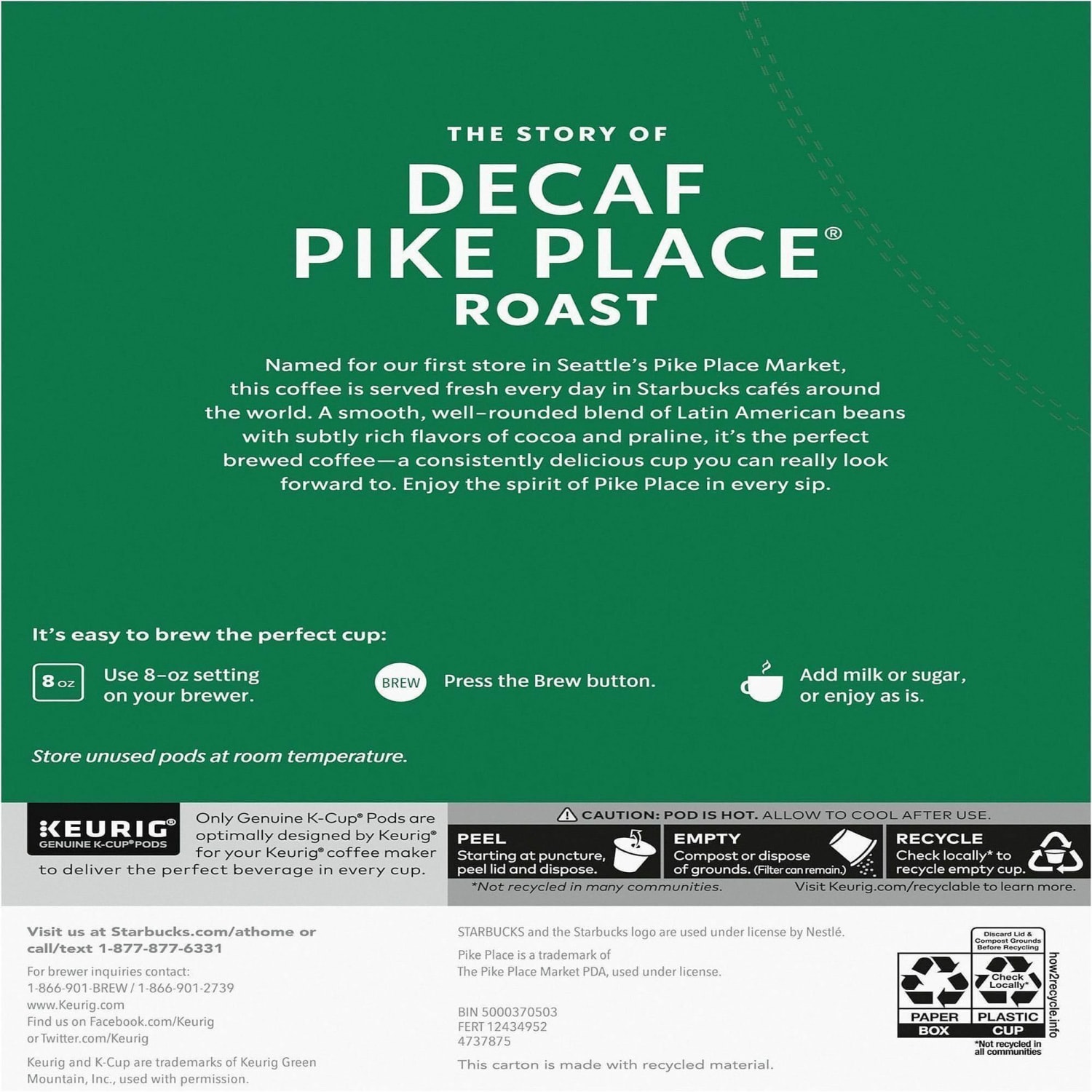 Starbucks K-Cup Decaf Pike Place Roast Coffee, 24/Pack, 4/Box, 12434952CT - Image 5
