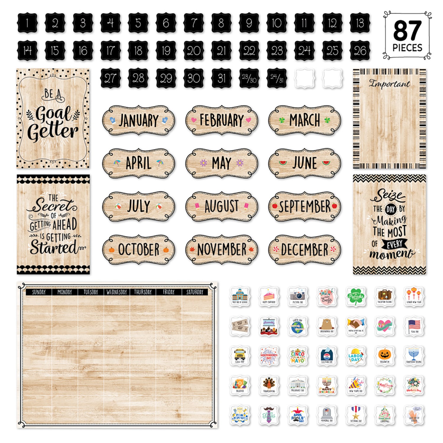 Creative Teaching Press Black, White, and Wood Calendar Set Bulletin Board Set, 87 Pieces - Image 3