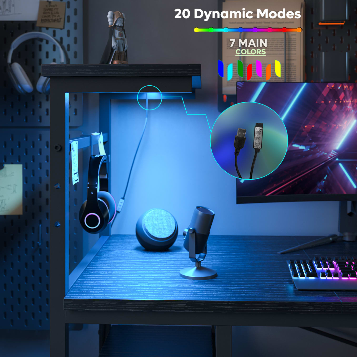 Bestier RGB Gaming Desk With Storage Shelf & Side Pocket, 62inW, Black Grained - Image 3