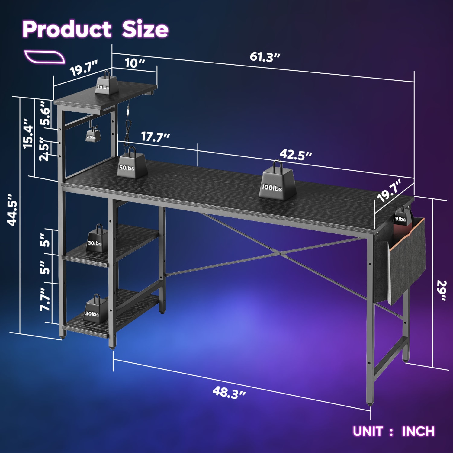 Bestier RGB Gaming Desk With Storage Shelf & Side Pocket, 62inW, Black Grained - Image 5