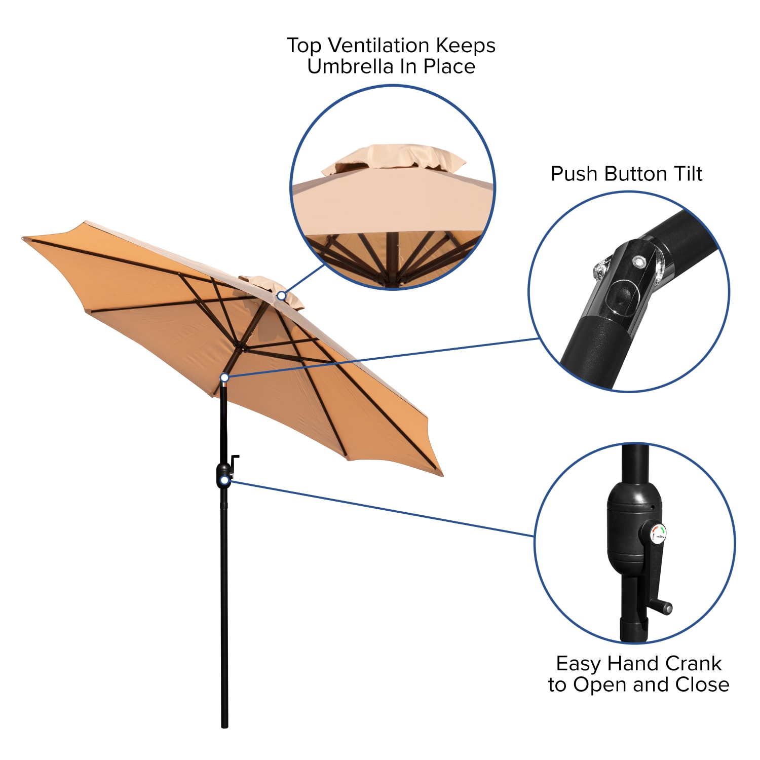 Flash Furniture Kona Round Umbrella With 1-1/2in Aluminum Pole, 96-1/2inH x 104-1/2inW x 104-1/2inD, Tan - Image 6