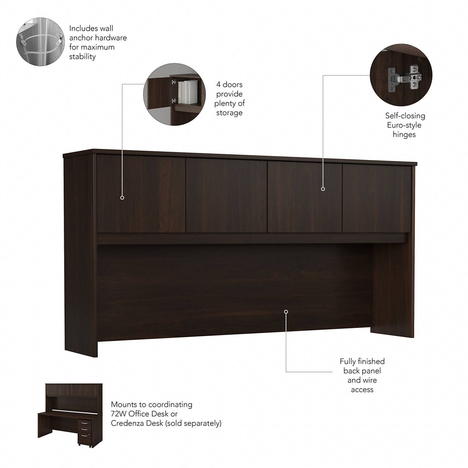 Bush Business Furniture Studio C 72inW Office Computer Desk With Hutch And Mobile File Cabinet, Black Walnut, Standard Delivery - Image 5