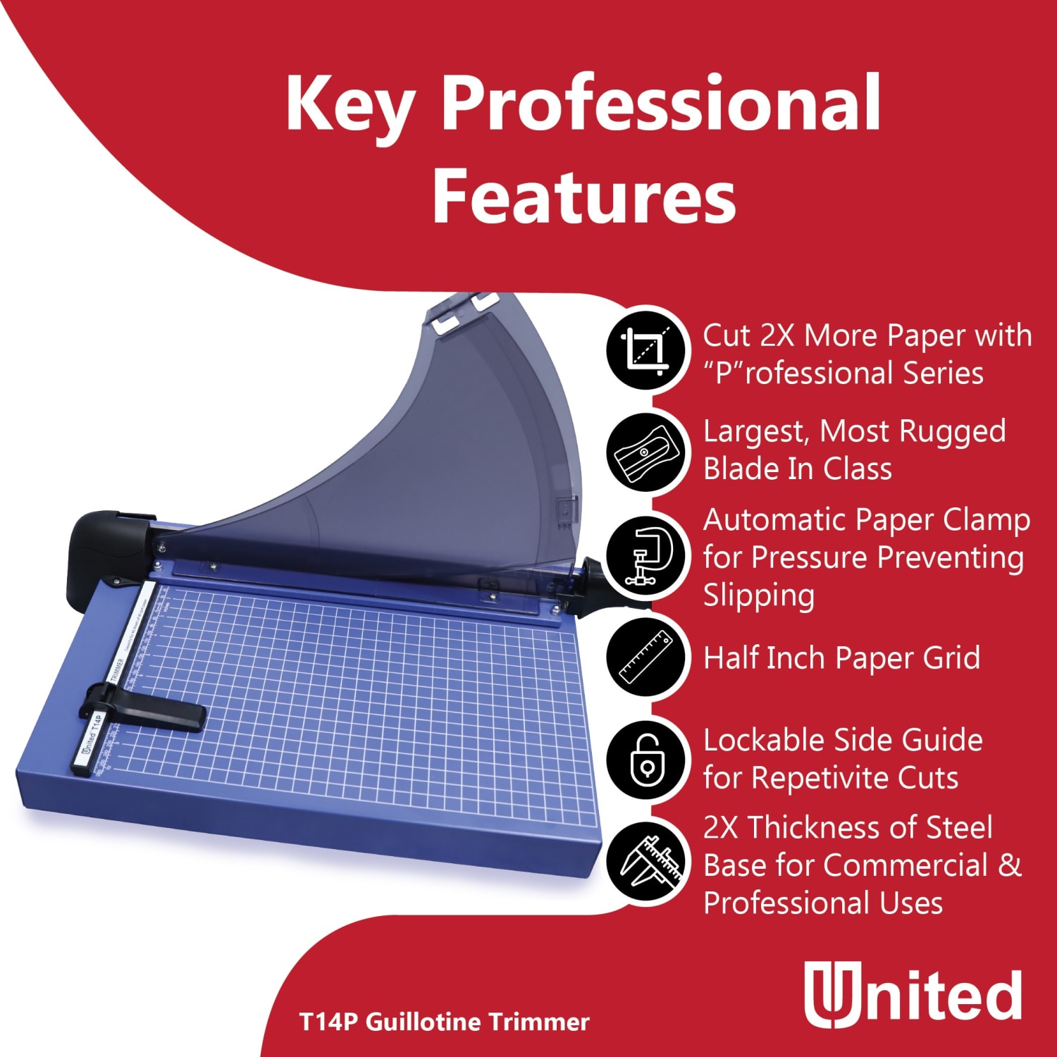 United Professional Guillotine Paper Trimmer, T14P, 14in, Blue - Image 4
