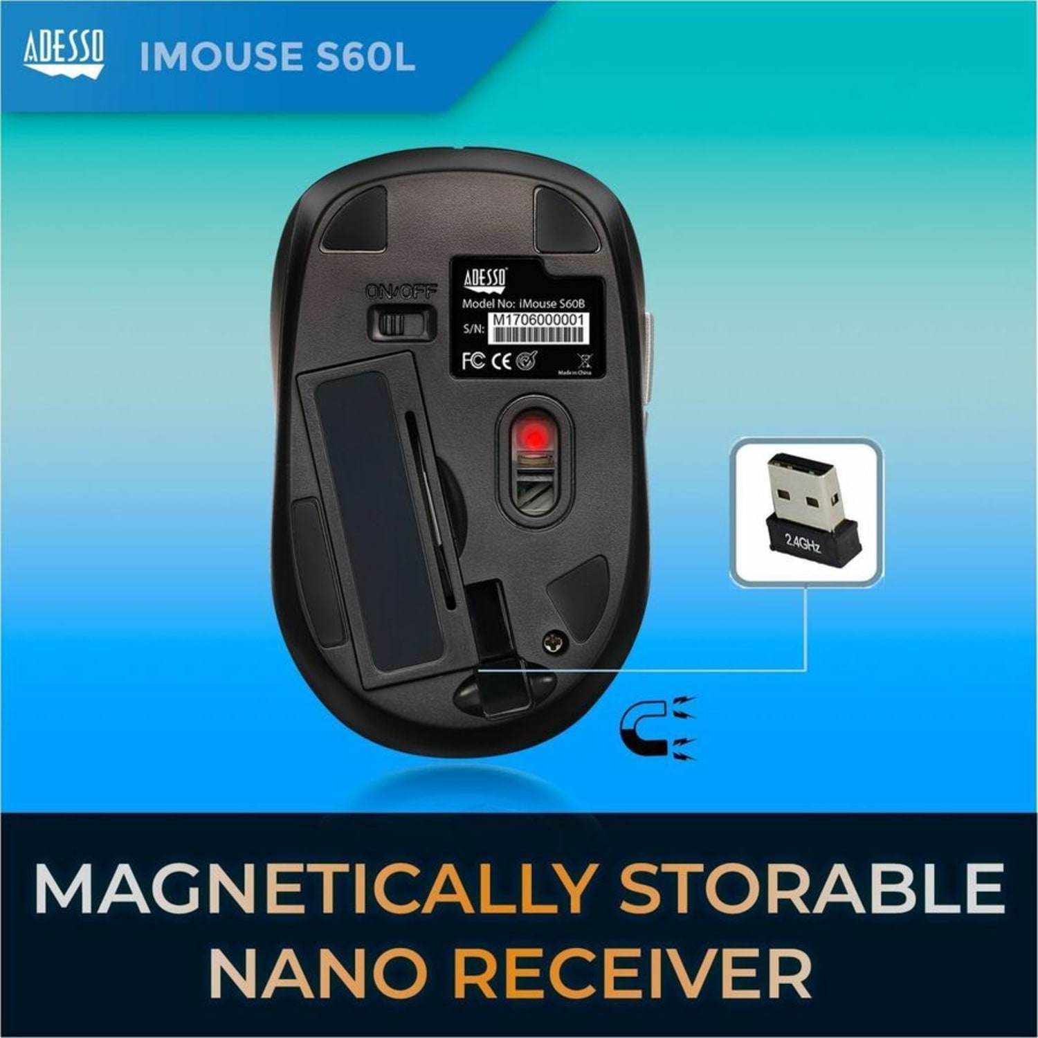 Adesso iMouse S60L Wireless RF Programmable Nano Optical Mouse, Blue - Image 4