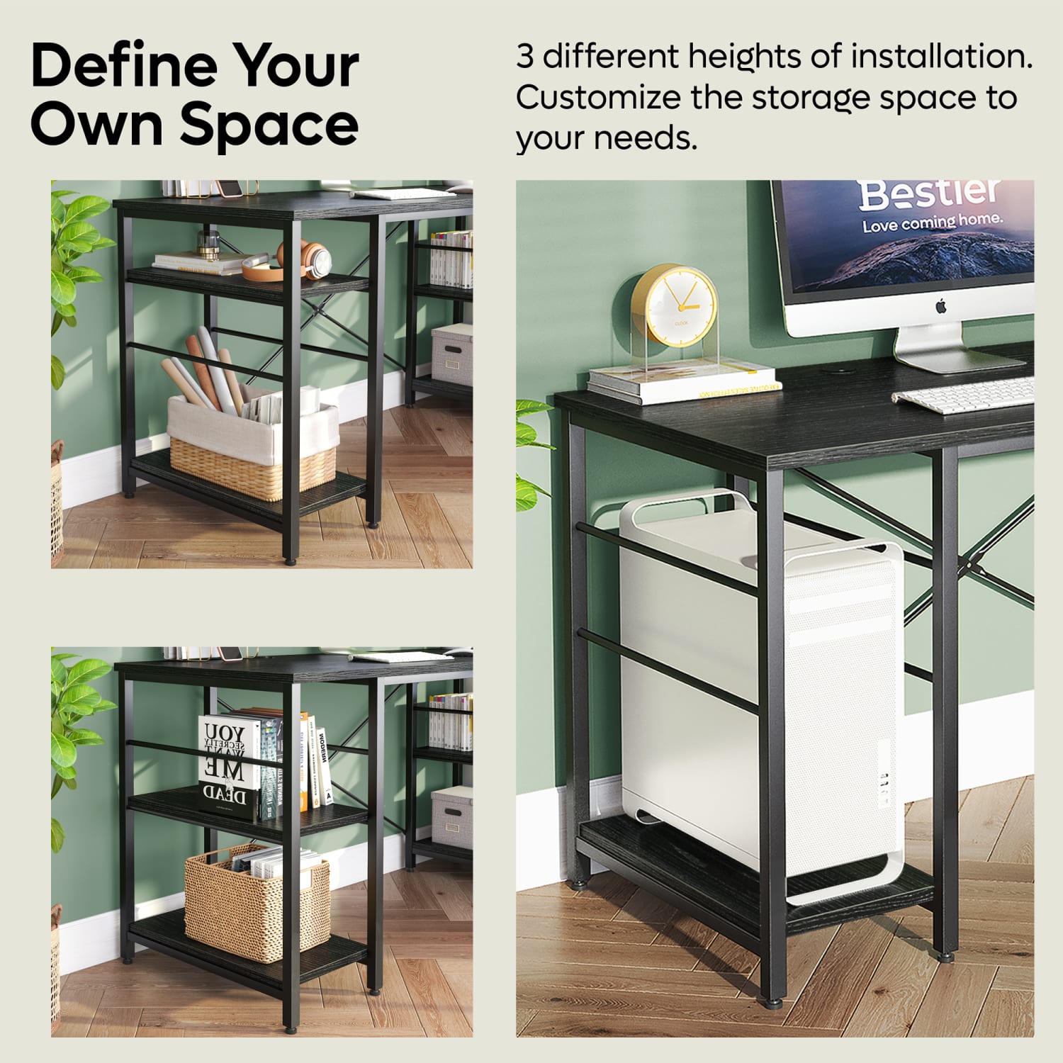 Bestier L-Shaped Corner Computer Desk With Storage Shelf, 3 Cable Holes, 60inW, Grained Black - Image 3