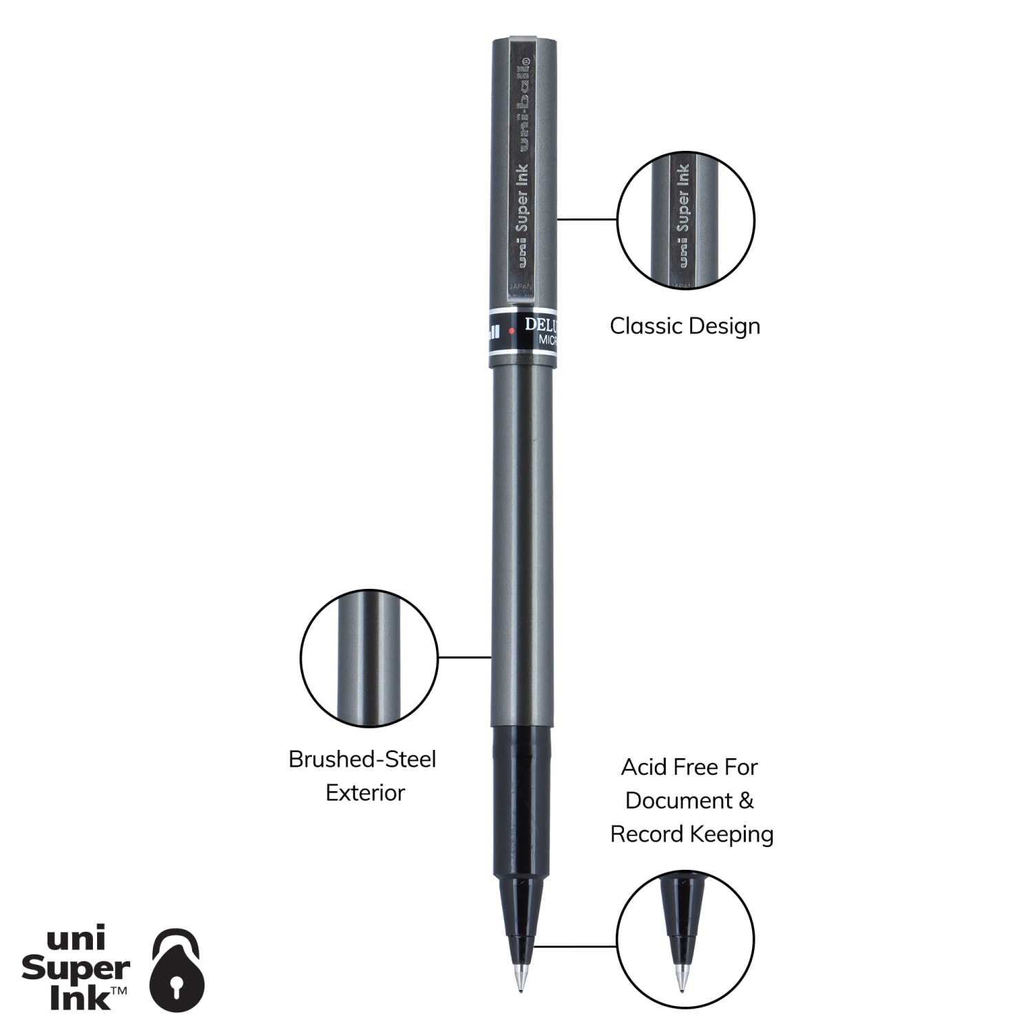 uni-ball Deluxe Rollerball Pens, Micro Point, 0.5 mm, Graphite Barrel, Black Ink, Pack Of 3 - Image 4