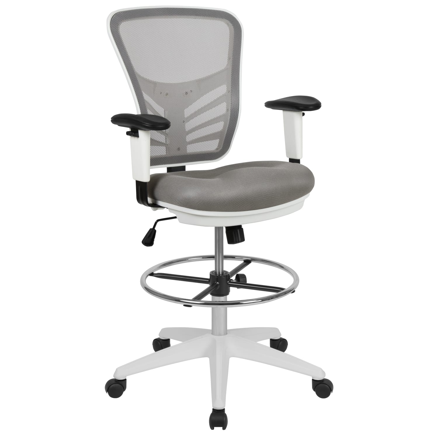 Flash Furniture Mid-Back Mesh Ergonomic Drafting Chair with Adjustable Chrome Foot Ring, Adjustable Arms, Light Gray/White - Image 3