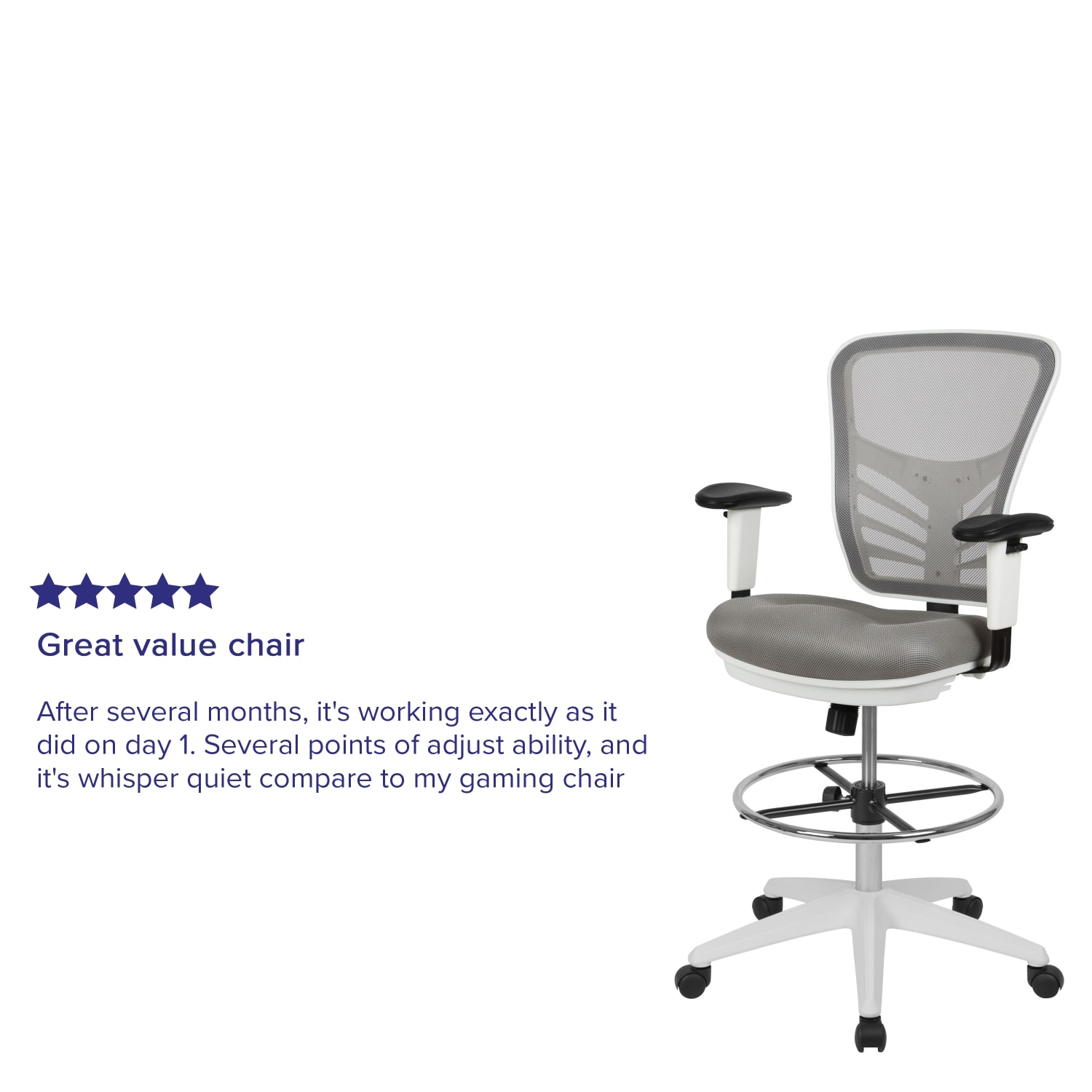 Flash Furniture Mid-Back Mesh Ergonomic Drafting Chair with Adjustable Chrome Foot Ring, Adjustable Arms, Light Gray/White - Image 5